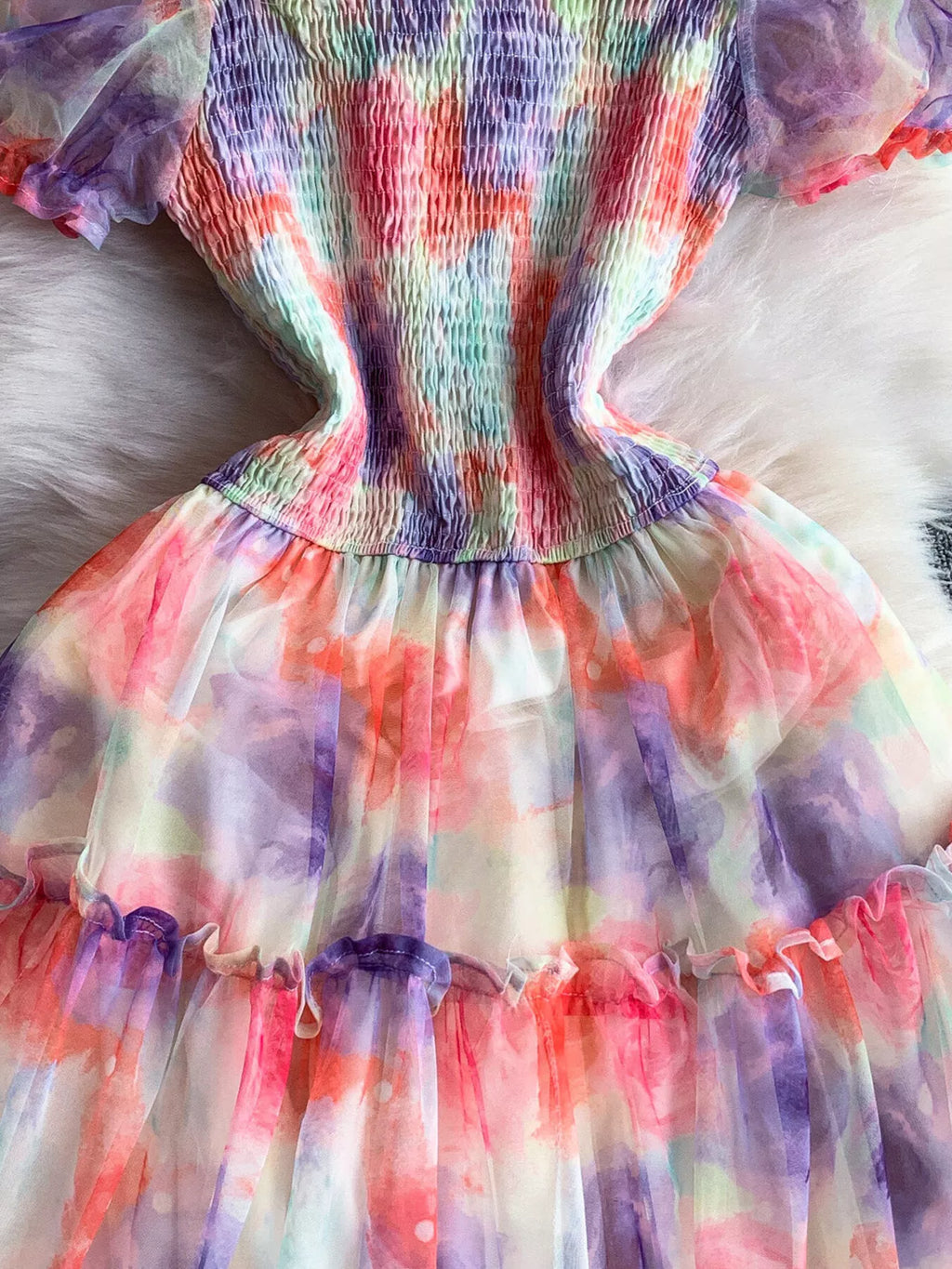Smocked Floral Tiered Mesh Midi Dress - Girly Tea