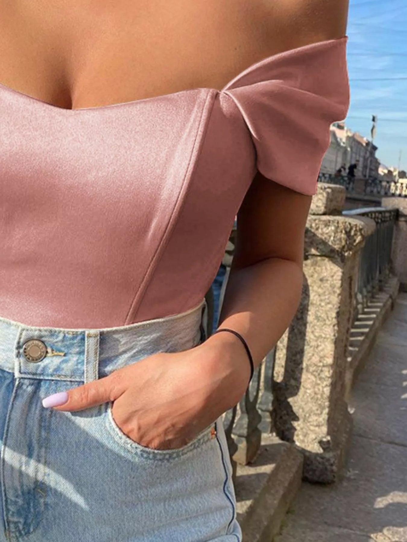 Off-Shoulder Short Sleeve Blouse - Girly Tea