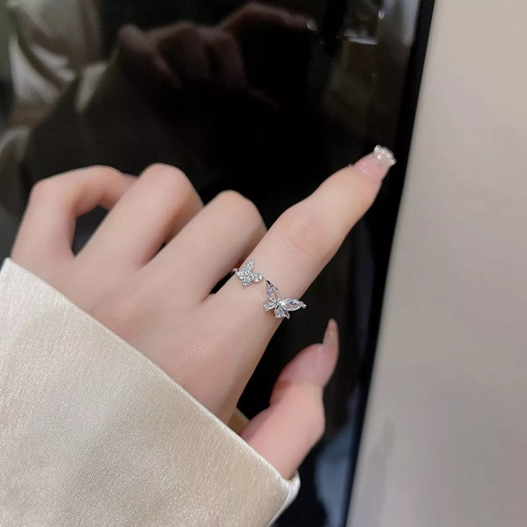 925 Sterling Silver Zircon Butterfly Open Ring - Girly Tea