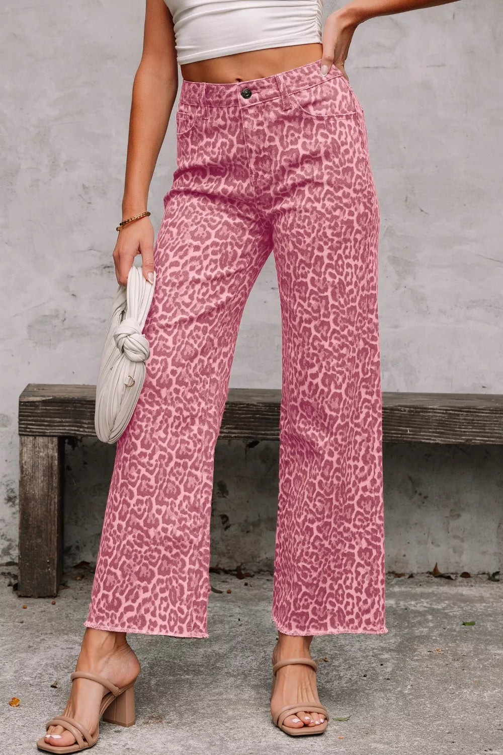 Leopard Frayed Edge Wide Leg High Waist Jeans - Girly Tea
