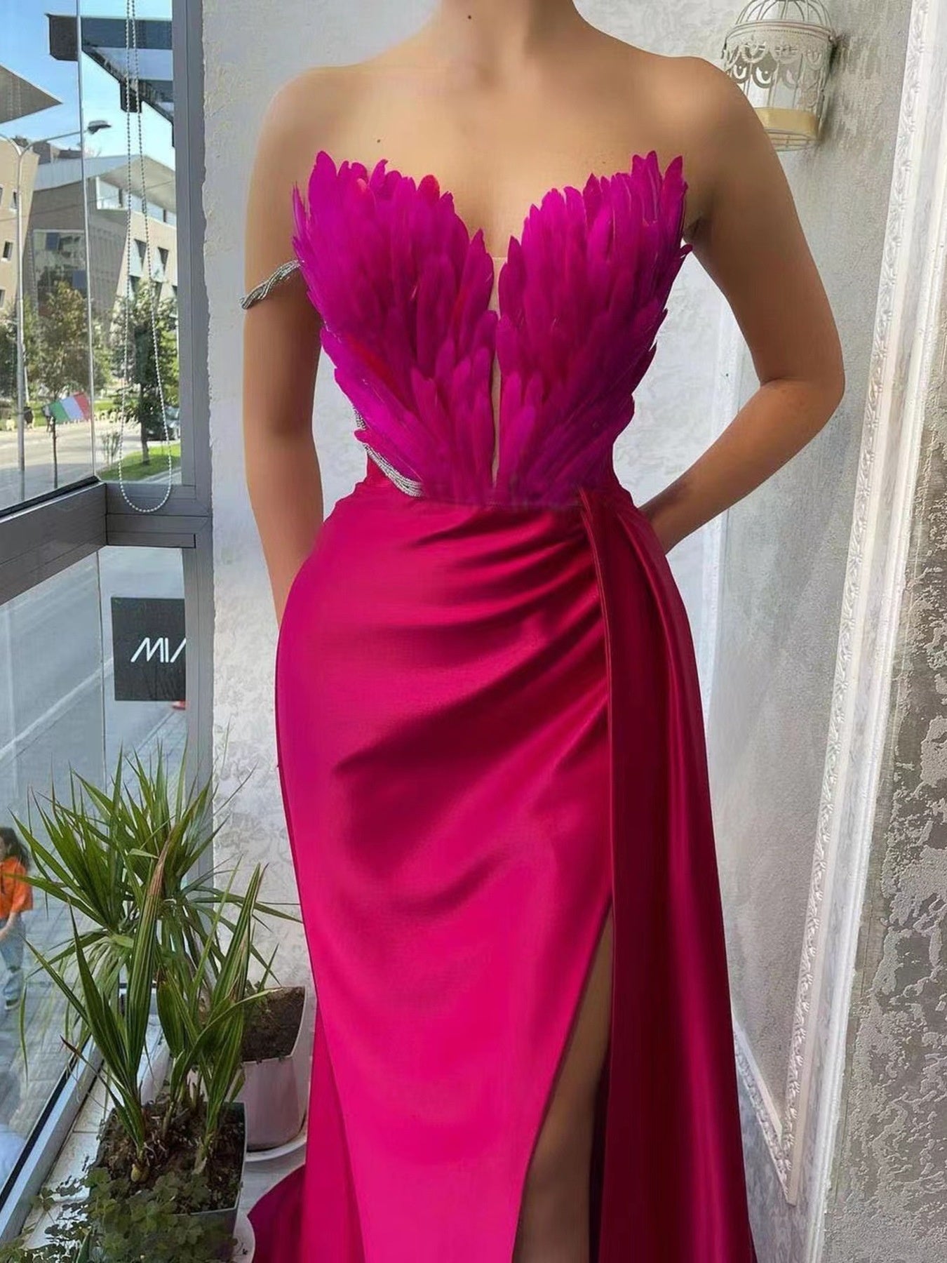 Feather Embellished Slit Maxi Dress - Girly Tea