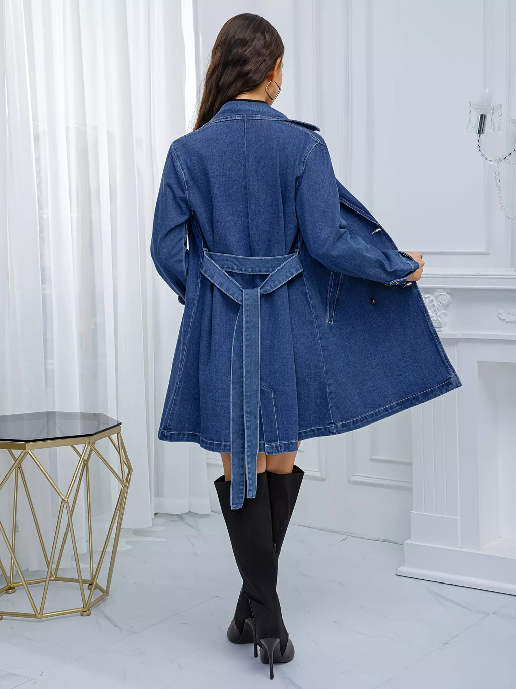 Belted Double-Breasted Denim Jacket - Girly Tea