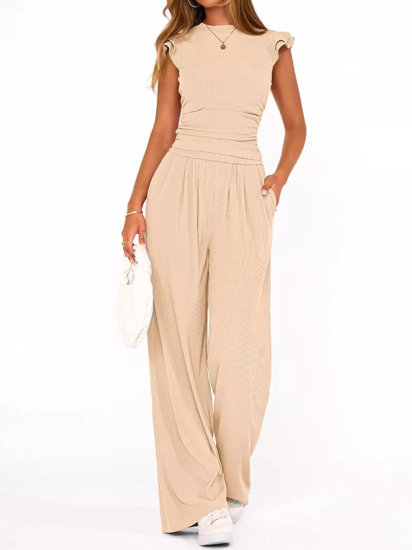 Ruffled Mock Neck Top and Wide Leg Pants Set - Girly Tea