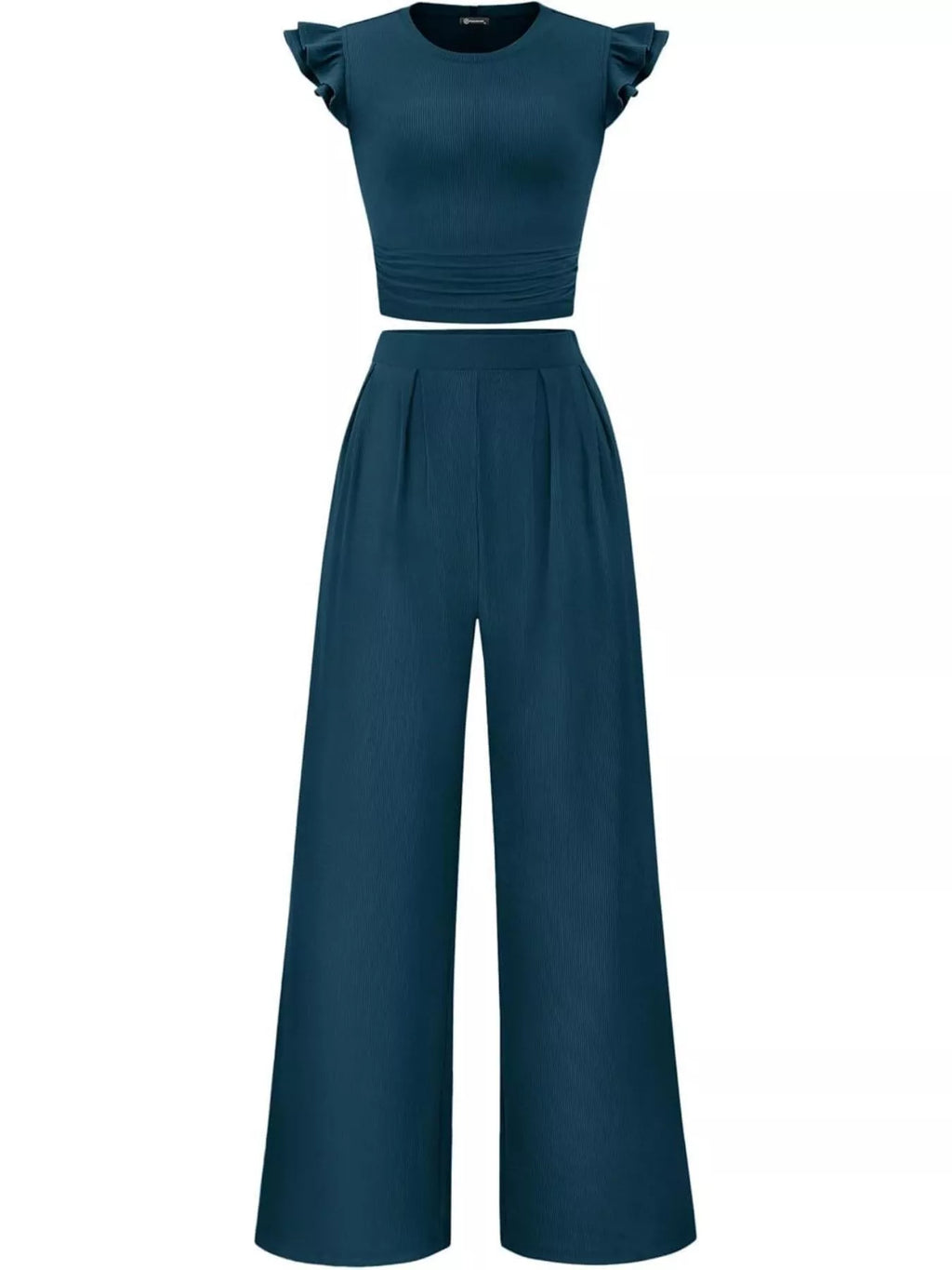 Ruffled Mock Neck Top and Wide Leg Pants Set - Girly Tea