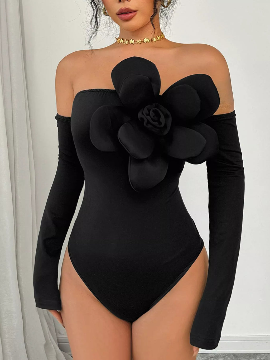 Flower Off-Shoulder Long Sleeve Bodysuit - Girly Tea