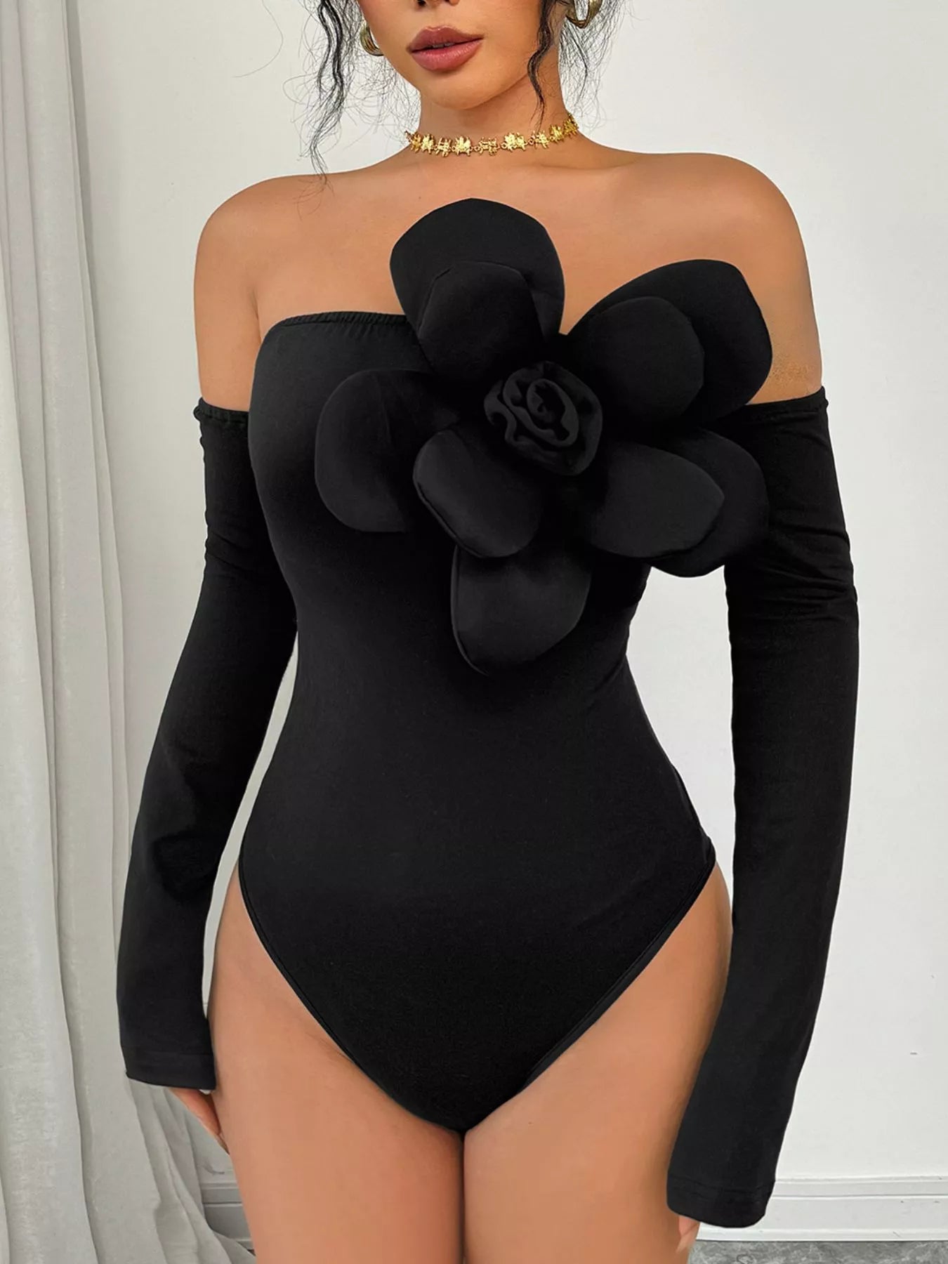 Flower Off-Shoulder Long Sleeve Bodysuit - Girly Tea