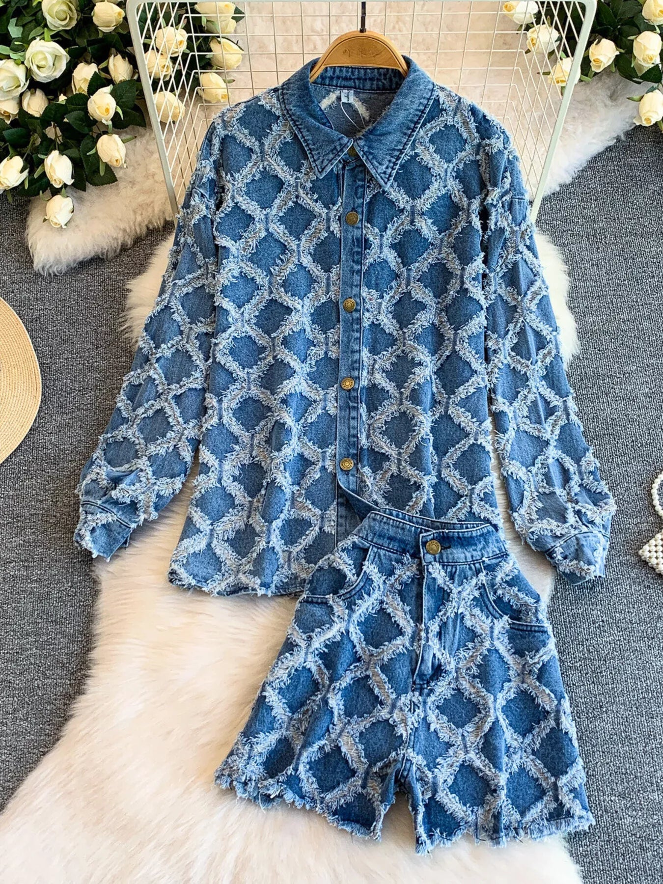 Distressed Diamond Pattern Jacket and Shorts Denim Set - Girly Tea