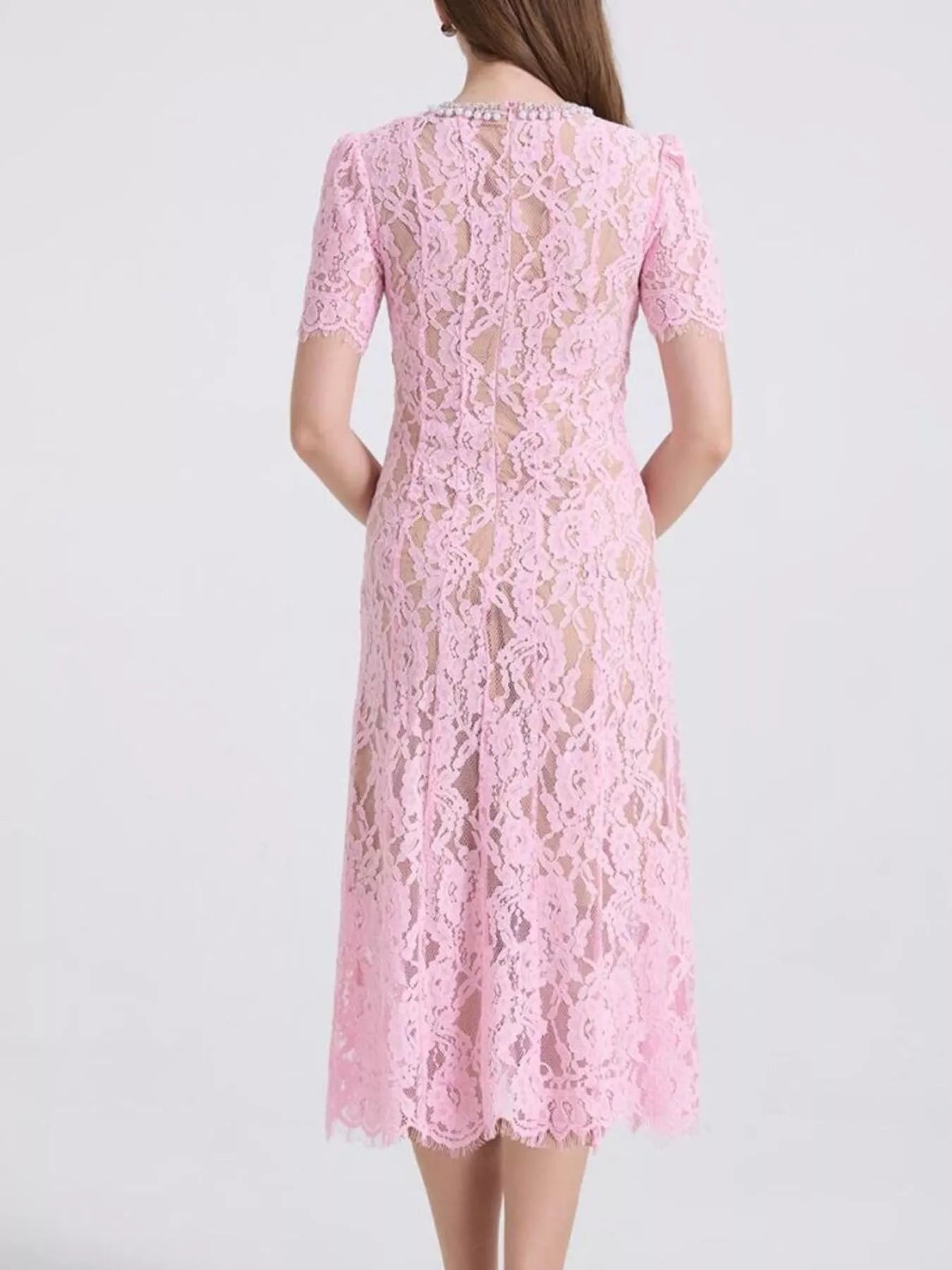 Lace Pearl Neckline Midi Dress - Girly Tea