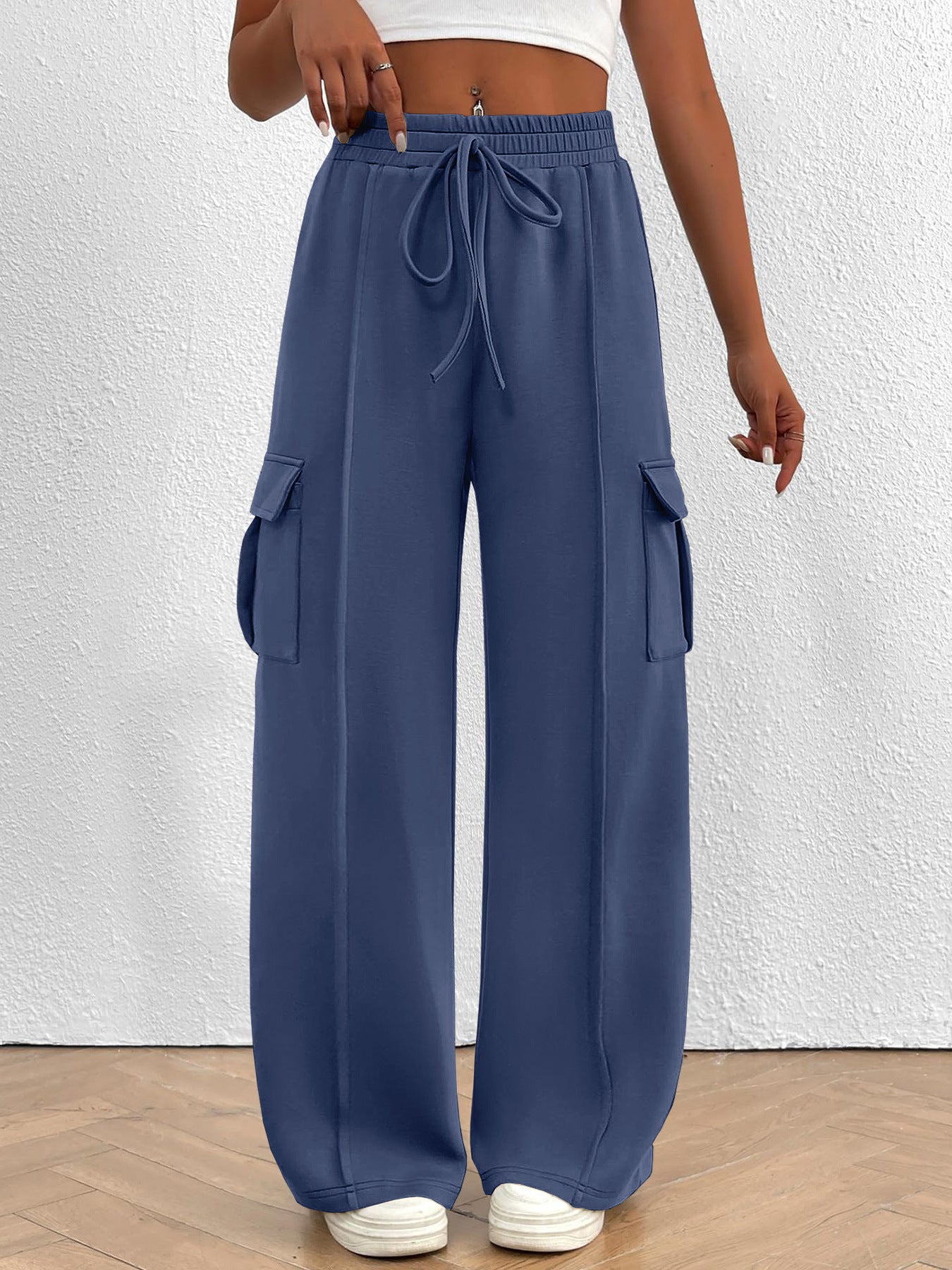 Casual High Waist Cargo Pants with Drawstring - Girly Tea