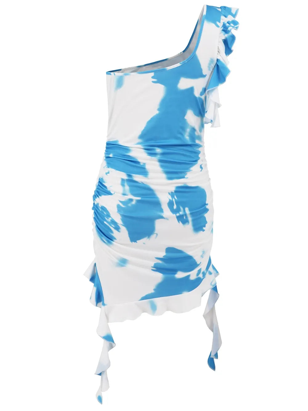 Ruffled Tie-Dye Single Shoulder Mini Dress - Girly Tea