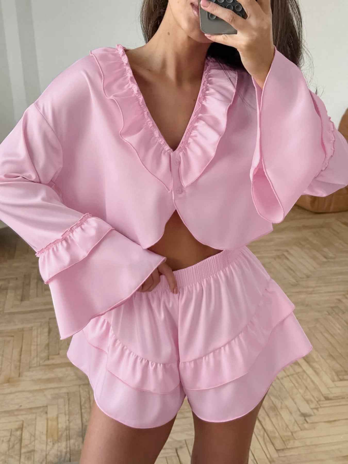 Ruffled V-Neck Top and Shorts Set