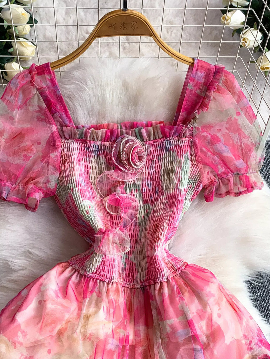 Smocked Floral Tiered Mesh Midi Dress - Girly Tea