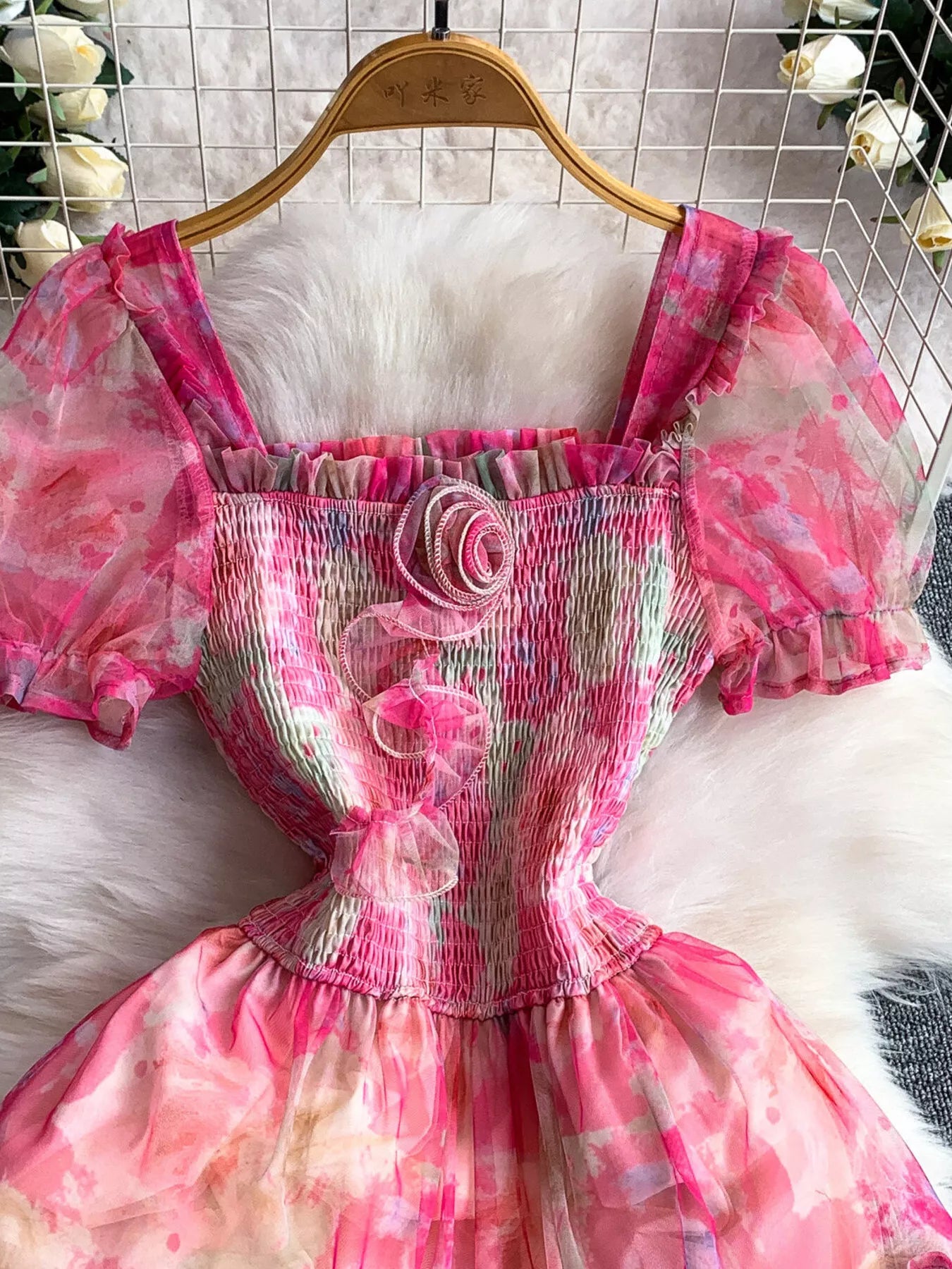Smocked Floral Tiered Mesh Midi Dress - Girly Tea