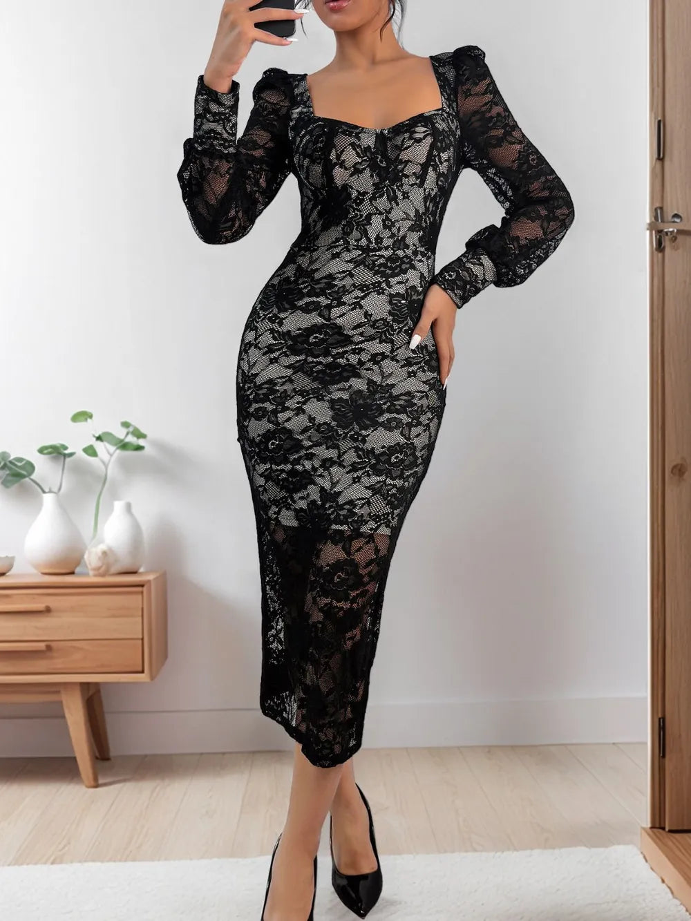 Perfee Lace Sweetheart Neck Long Sleeve Midi Dress - Girly Tea