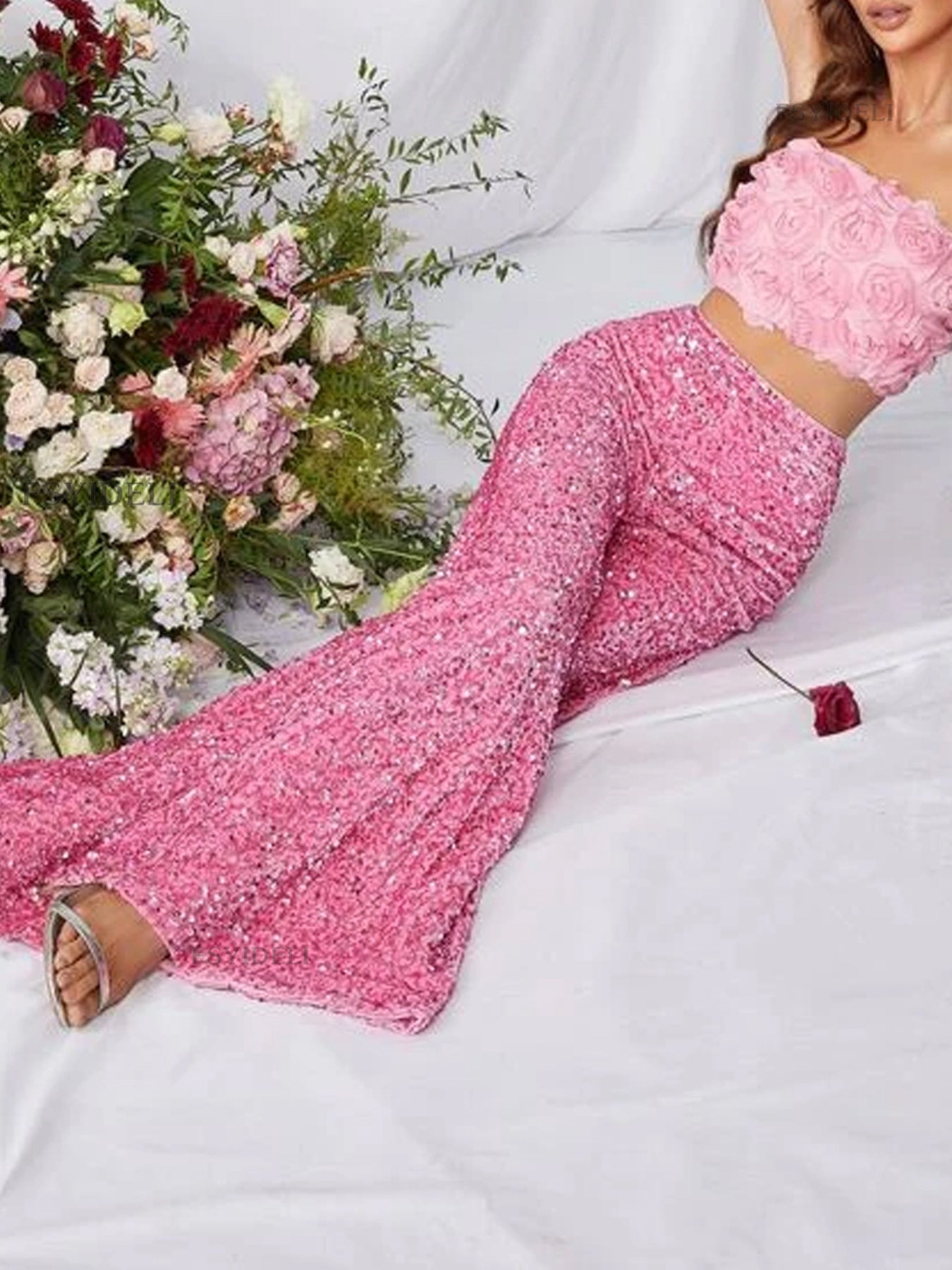 Sequin Embellished Wide Leg Pants - Girly Tea