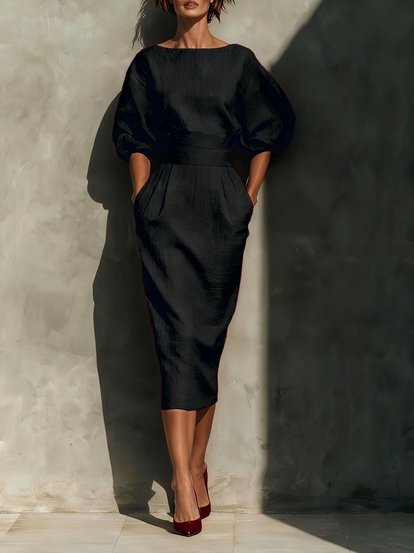 Round Neck Puff Sleeves Midi Dress - Girly Tea