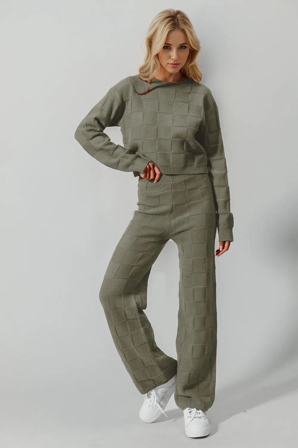 Double Take Full Size Checkered Round Neck Top and Pants Set - Girly Tea