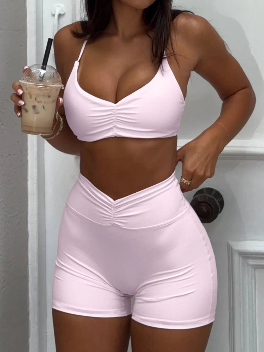 Ruched Sports Bra and High-Waisted Shorts Active Set - Girly Tea