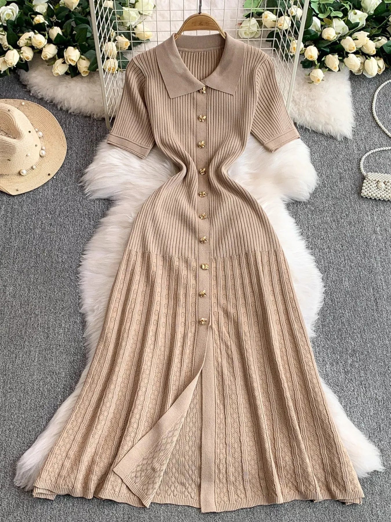 Button Front Ribbed Knit Midi Dress - Girly Tea