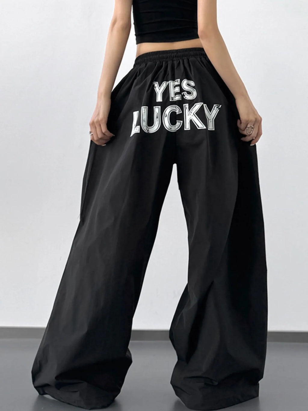 Letter Back Wide Leg Drawstring Pants - Girly Tea