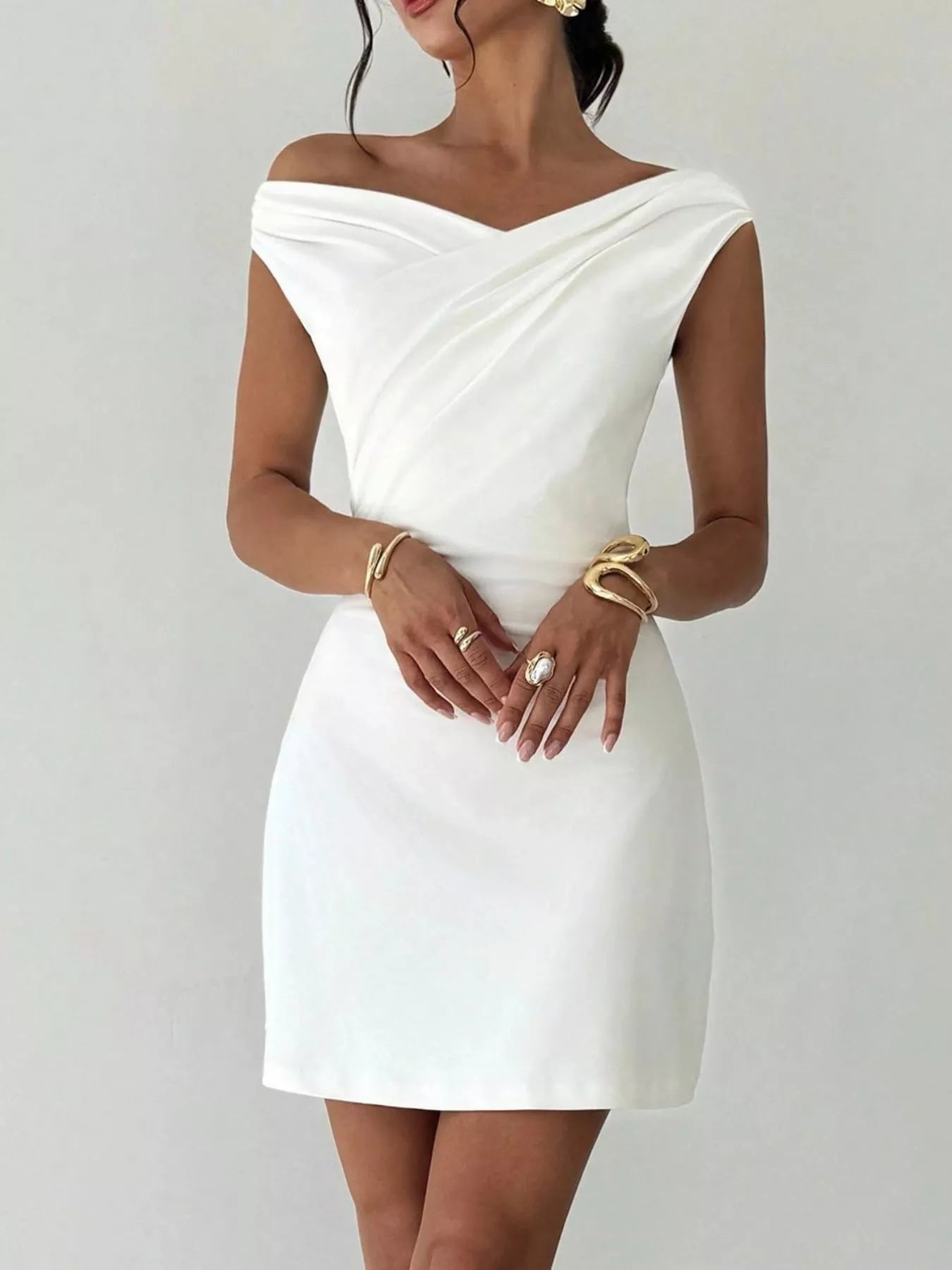 Elegant Off-Shoulder Draped Mini Dress - Girly Tea