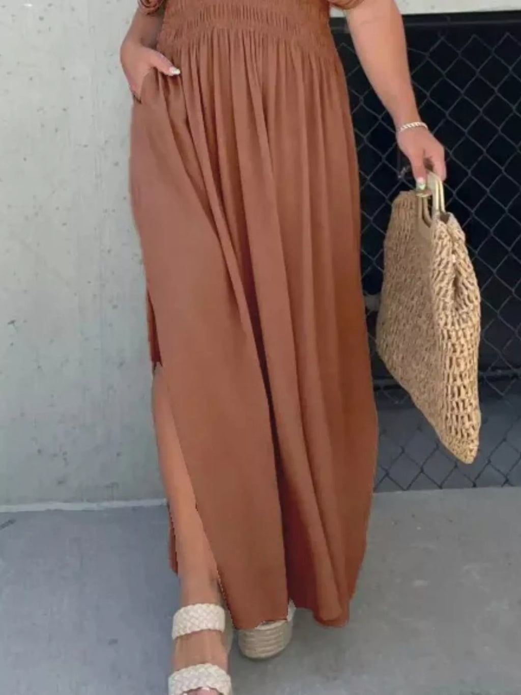 Full Size Slit V-Neck Smocked Waist Maxi Dress Plus Size - Girly Tea