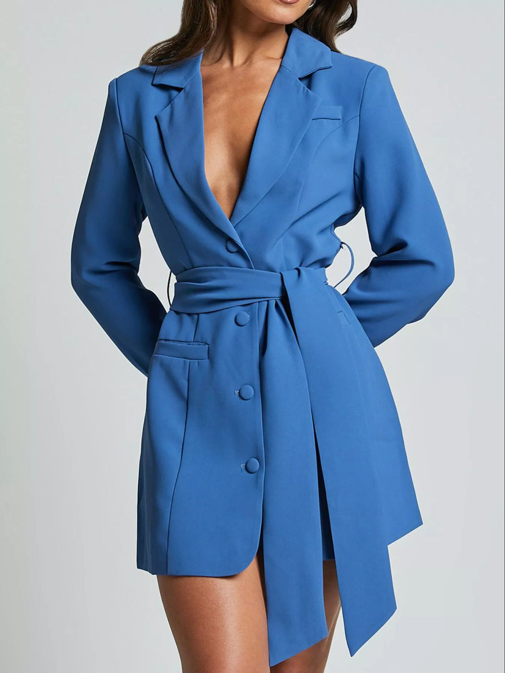 Lapel Collar Tie Waist Blazer - Girly Tea