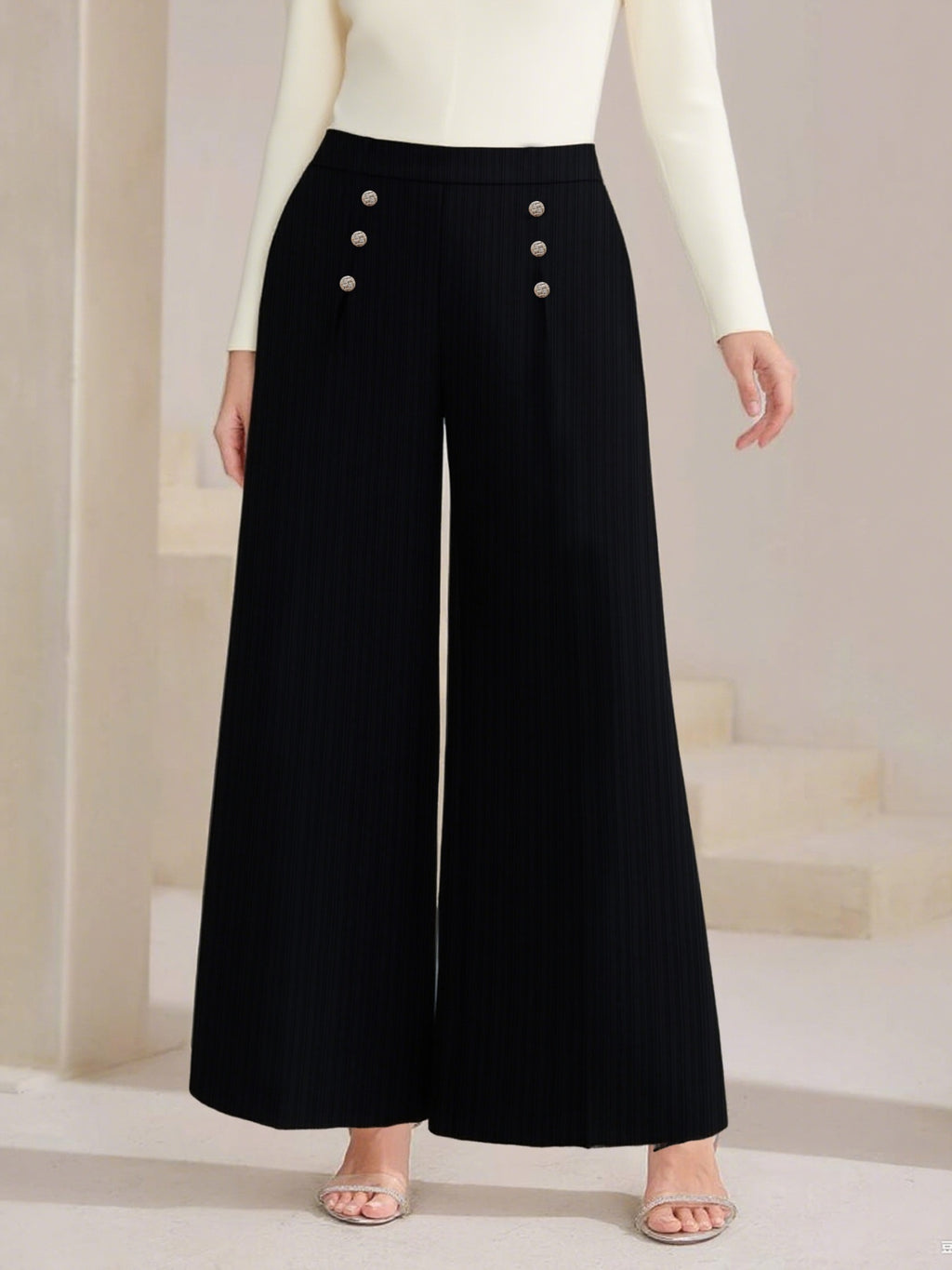 Plus Size High Waist Wide Leg Button Decor Pants - Girly Tea