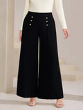 Plus Size High Waist Wide Leg Button Decor Pants - Girly Tea