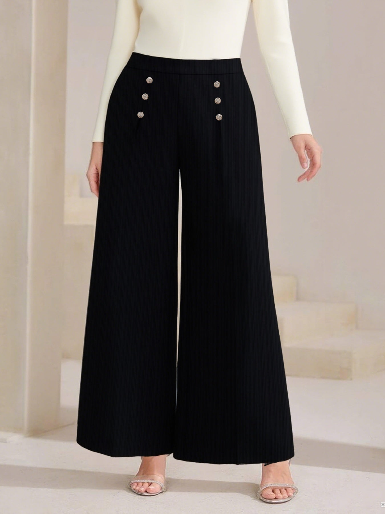 Plus Size High Waist Wide Leg Button Decor Pants - Girly Tea