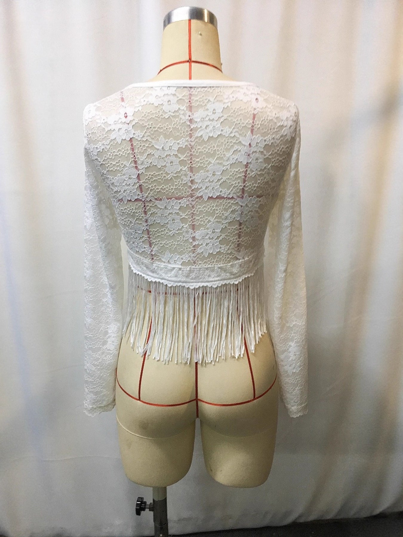 Full Size Fringe Hem Lace Long Sleeve Top Plus Size - Girly Tea