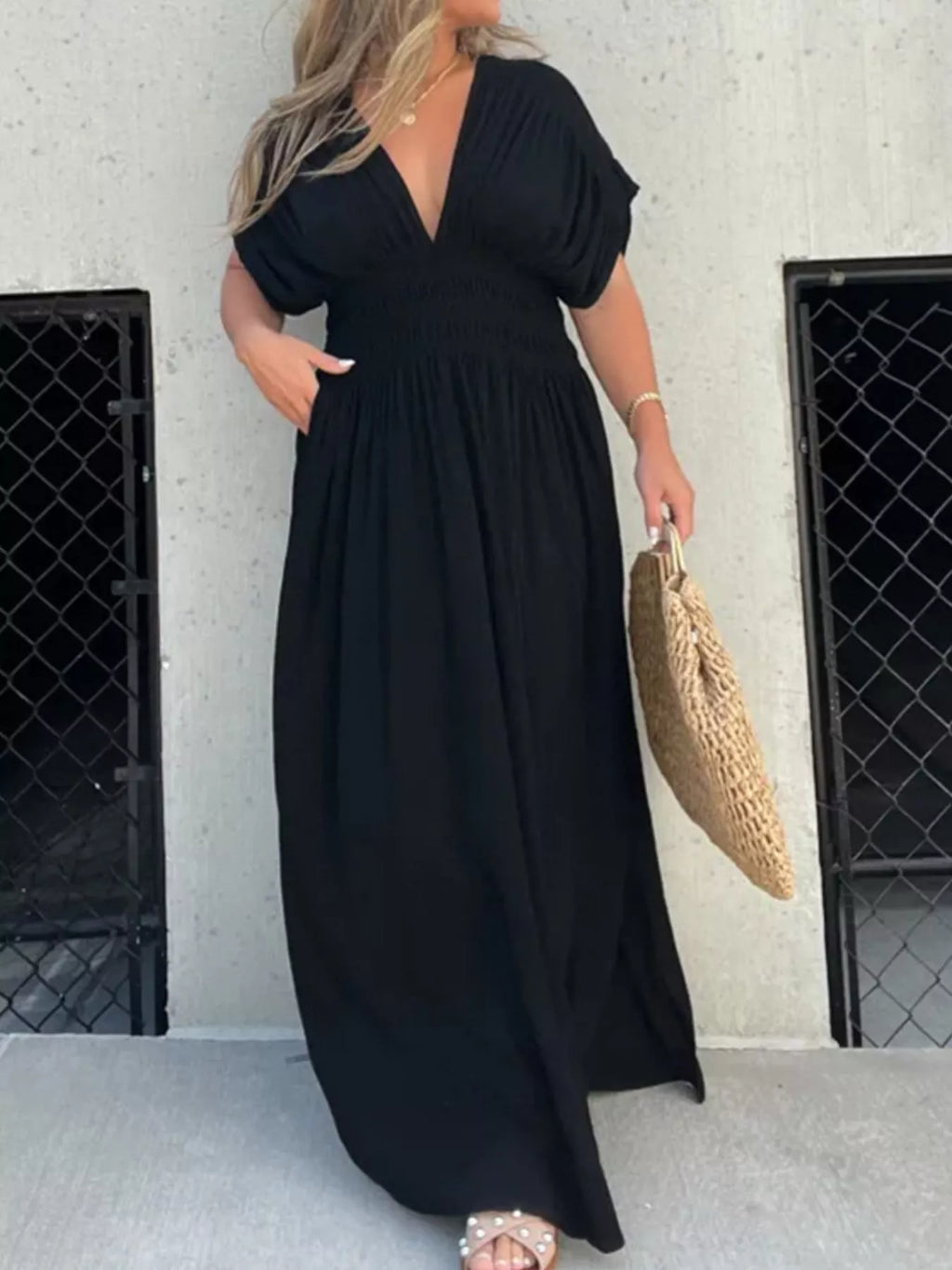 Full Size Slit V-Neck Smocked Waist Maxi Dress Plus Size - Girly Tea