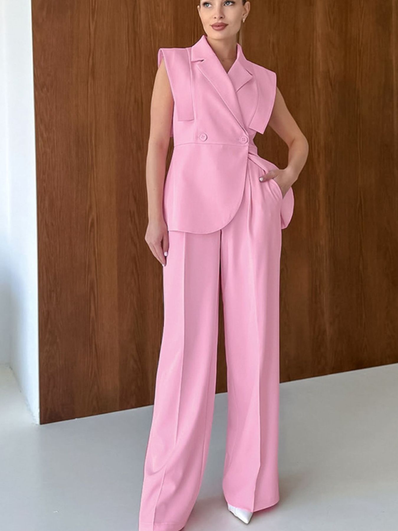 Sleeveless Blazer & Wide Leg Pants Set - Girly Tea