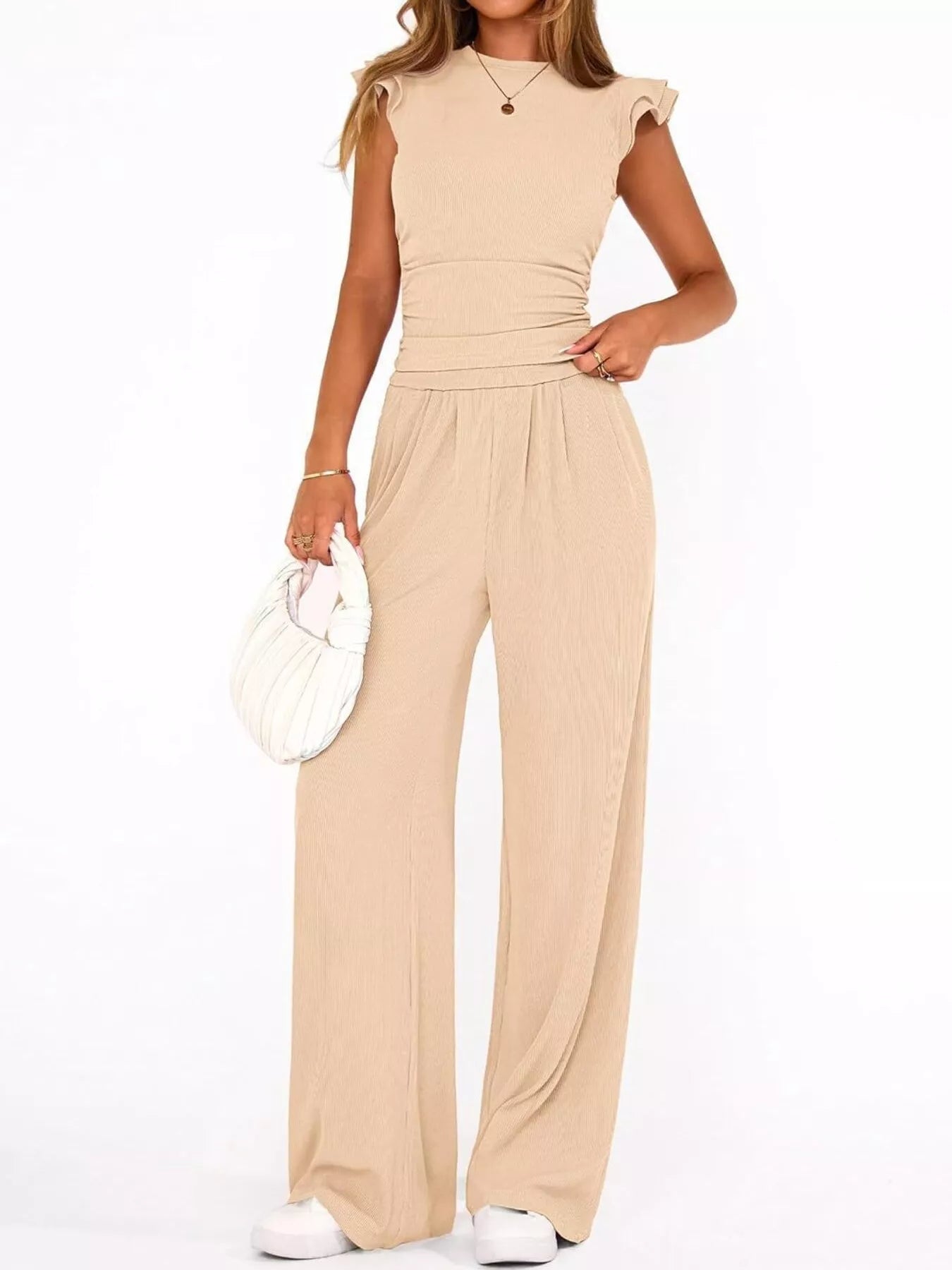 Ruffled Mock Neck Top and Wide Leg Pants Set - Girly Tea