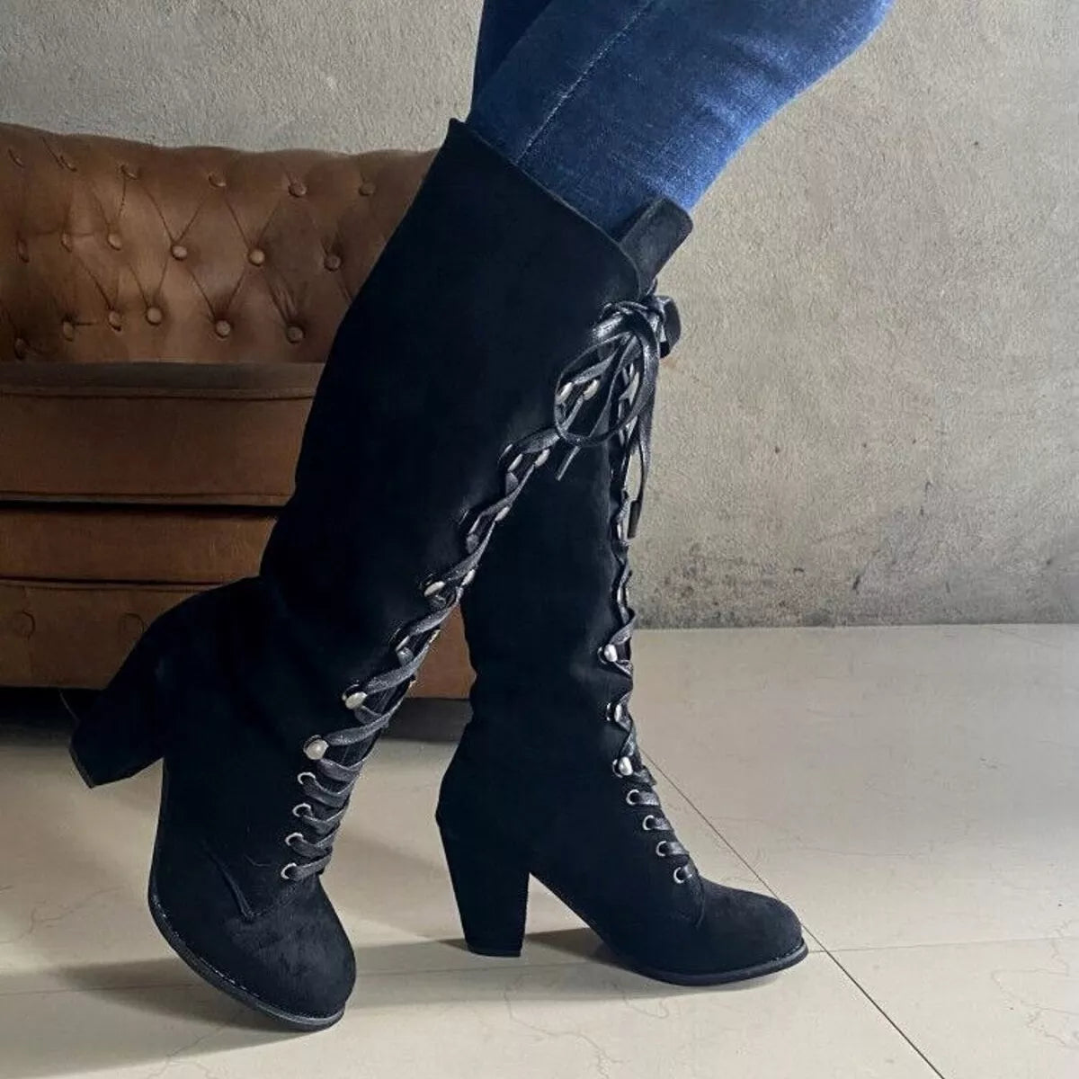 Lace Up Block Heels Boots - Girly Tea