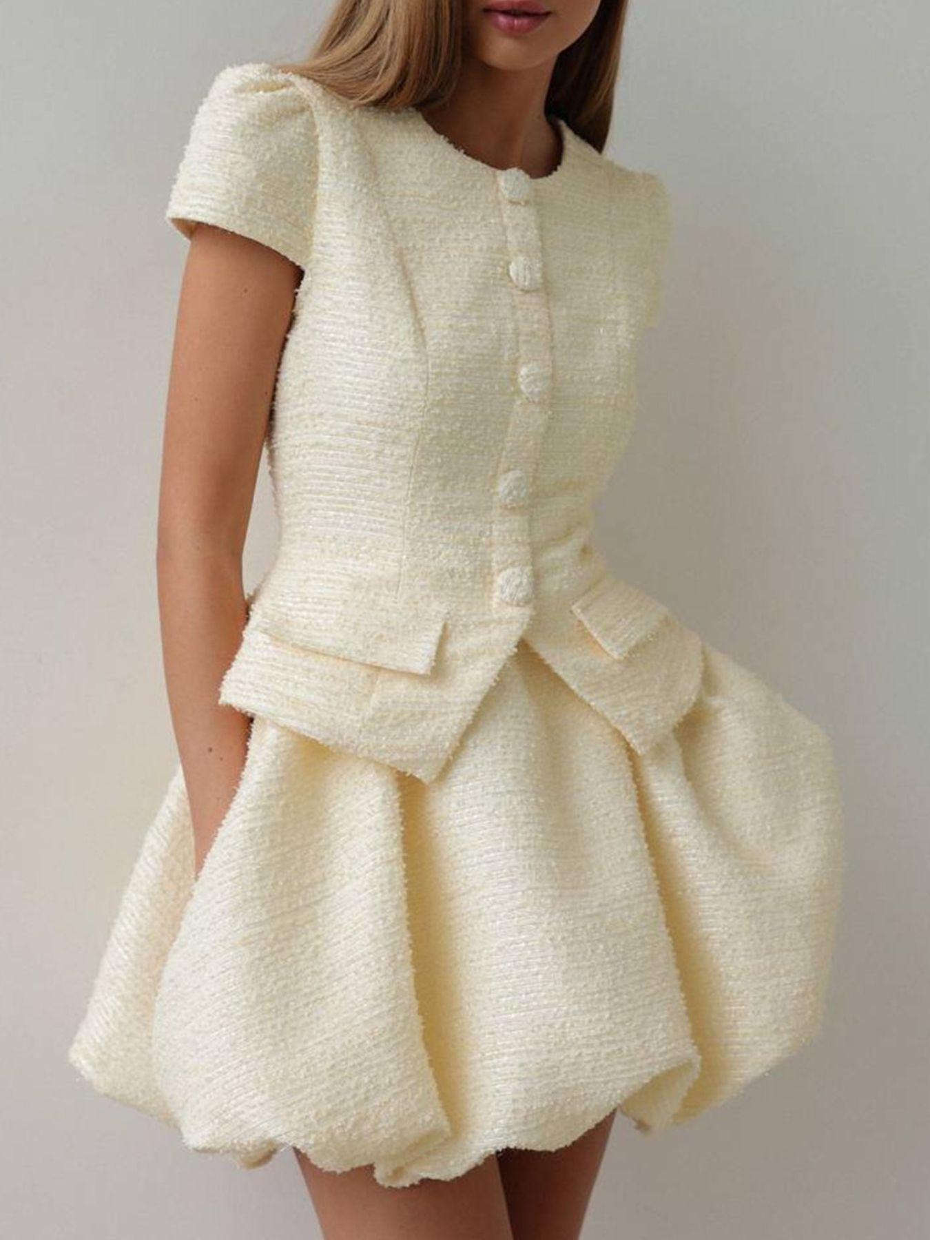 Button Up Short Sleeve Top and Bubble Hem Skirt Set - Girly Tea