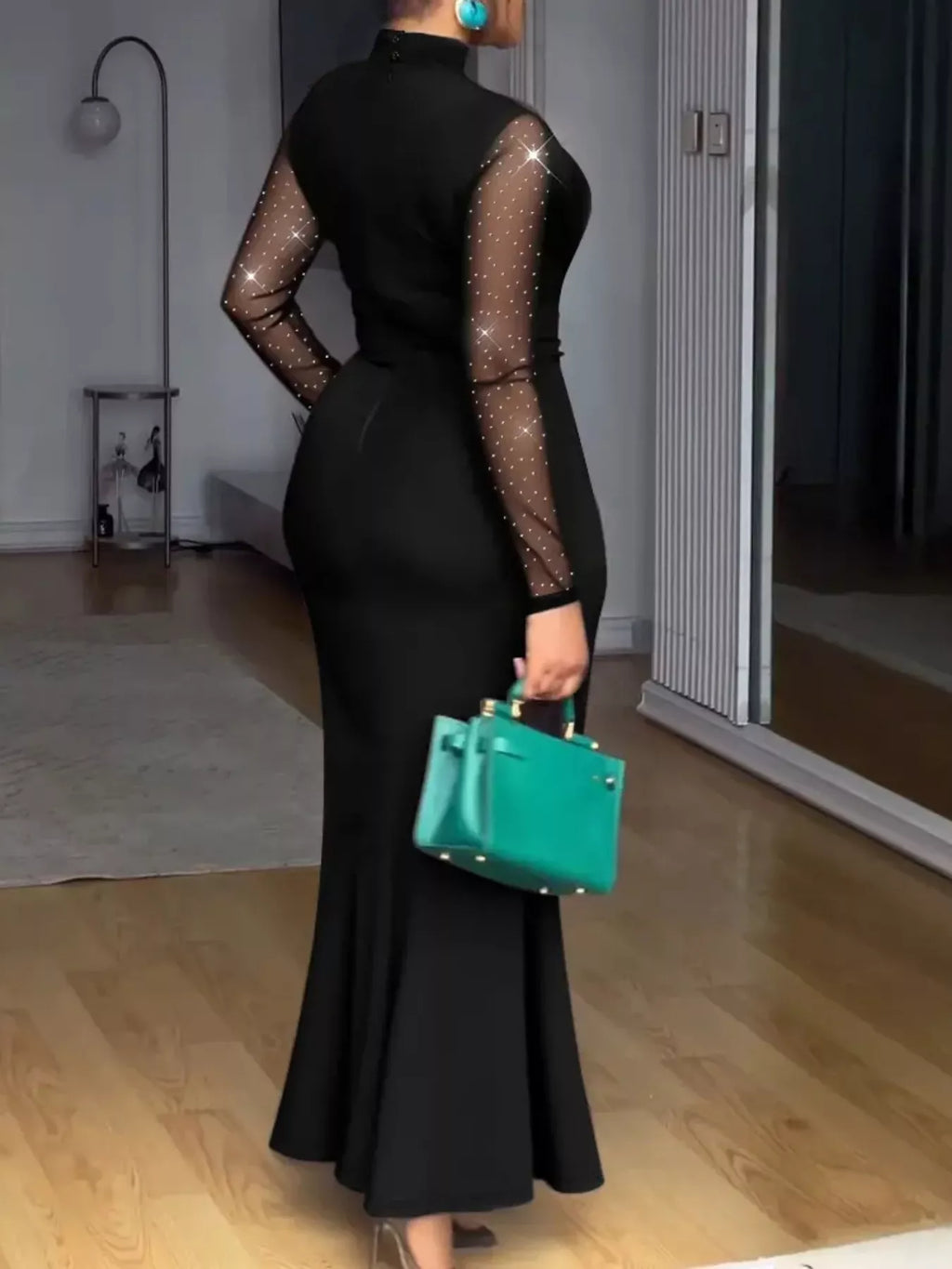 Mesh Mock Neck Long Sleeve Maxi Dress - Girly Tea