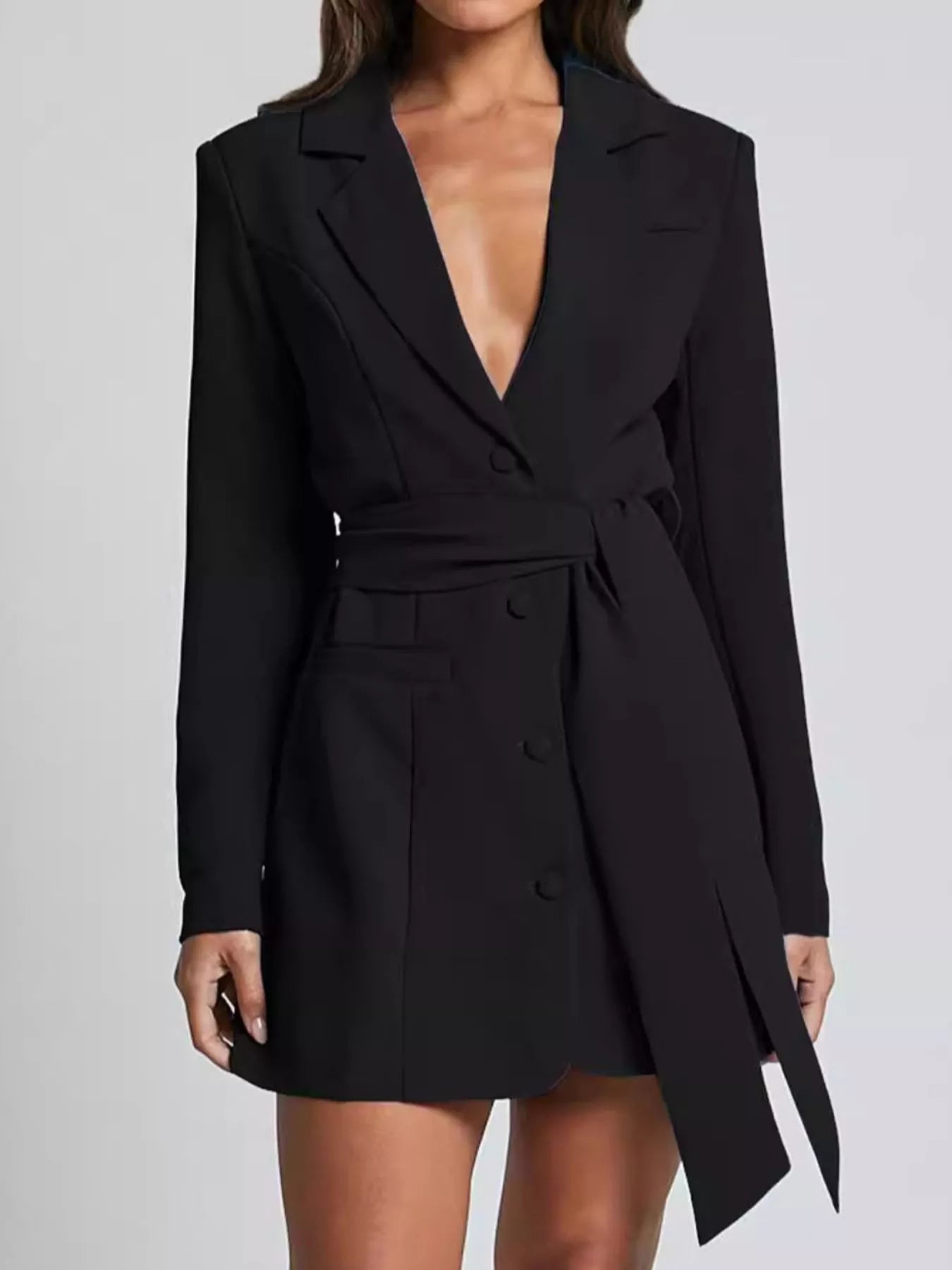 Lapel Collar Tie Waist Blazer - Girly Tea