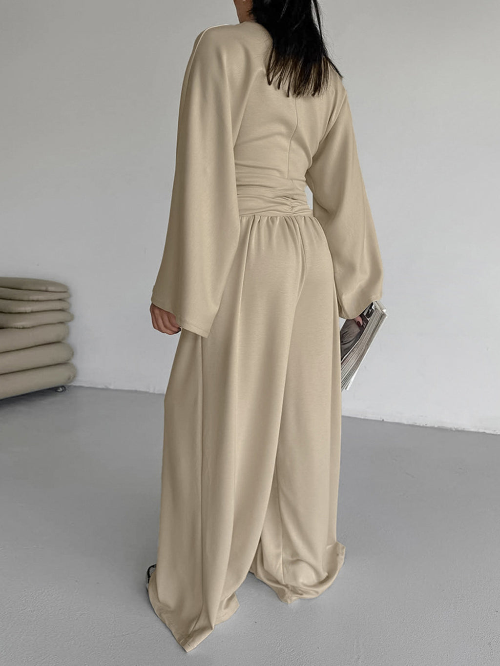 Round Neck Top and Wide Leg Pants Set - Girly Tea
