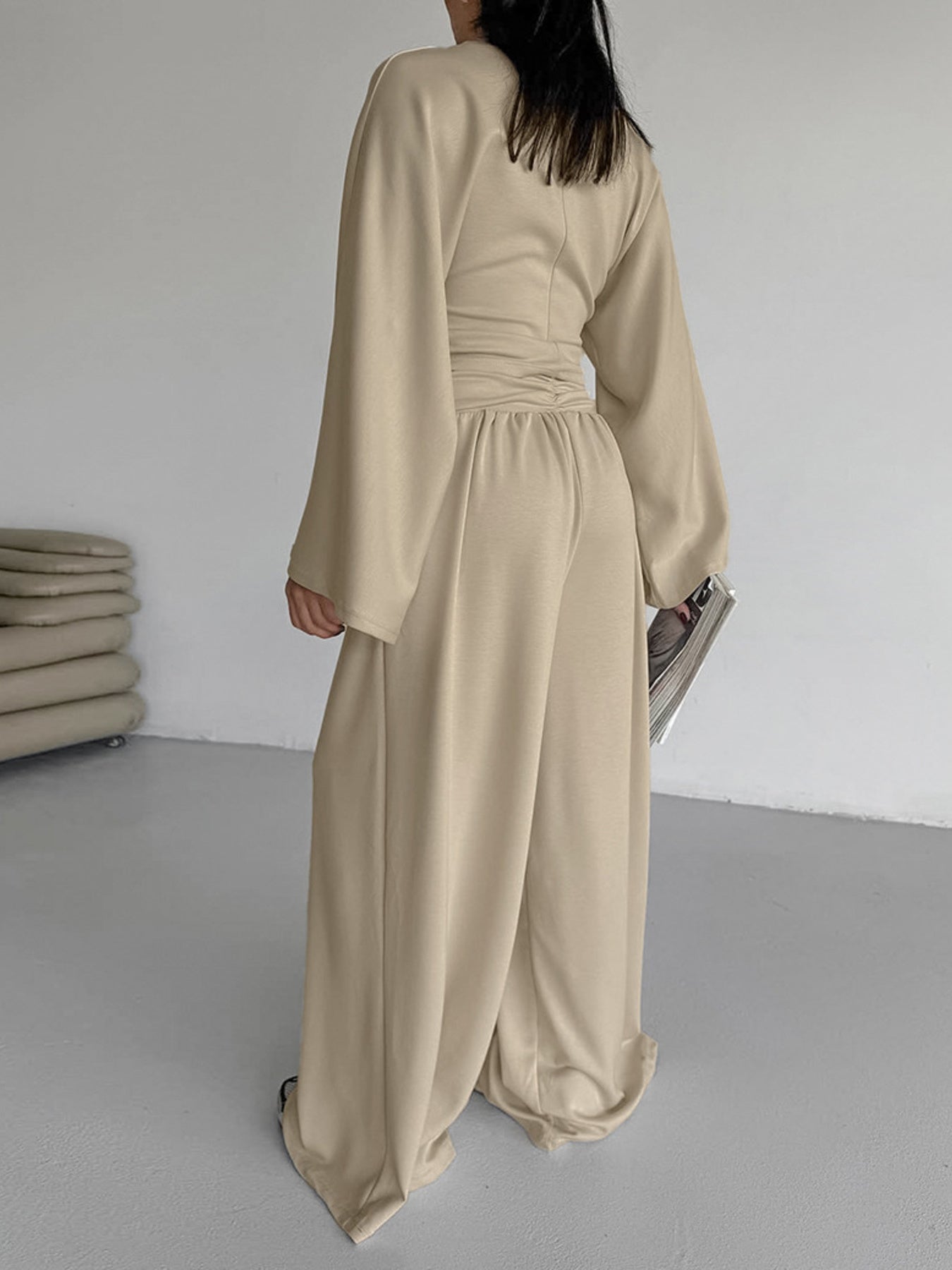 Round Neck Top and Wide Leg Pants Set - Girly Tea
