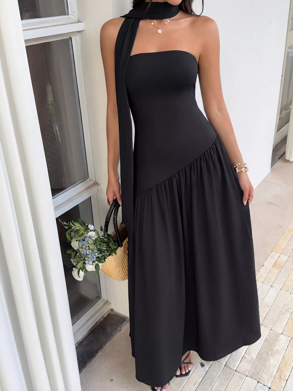 Slit Tube Maxi Dress with Scarf - Girly Tea