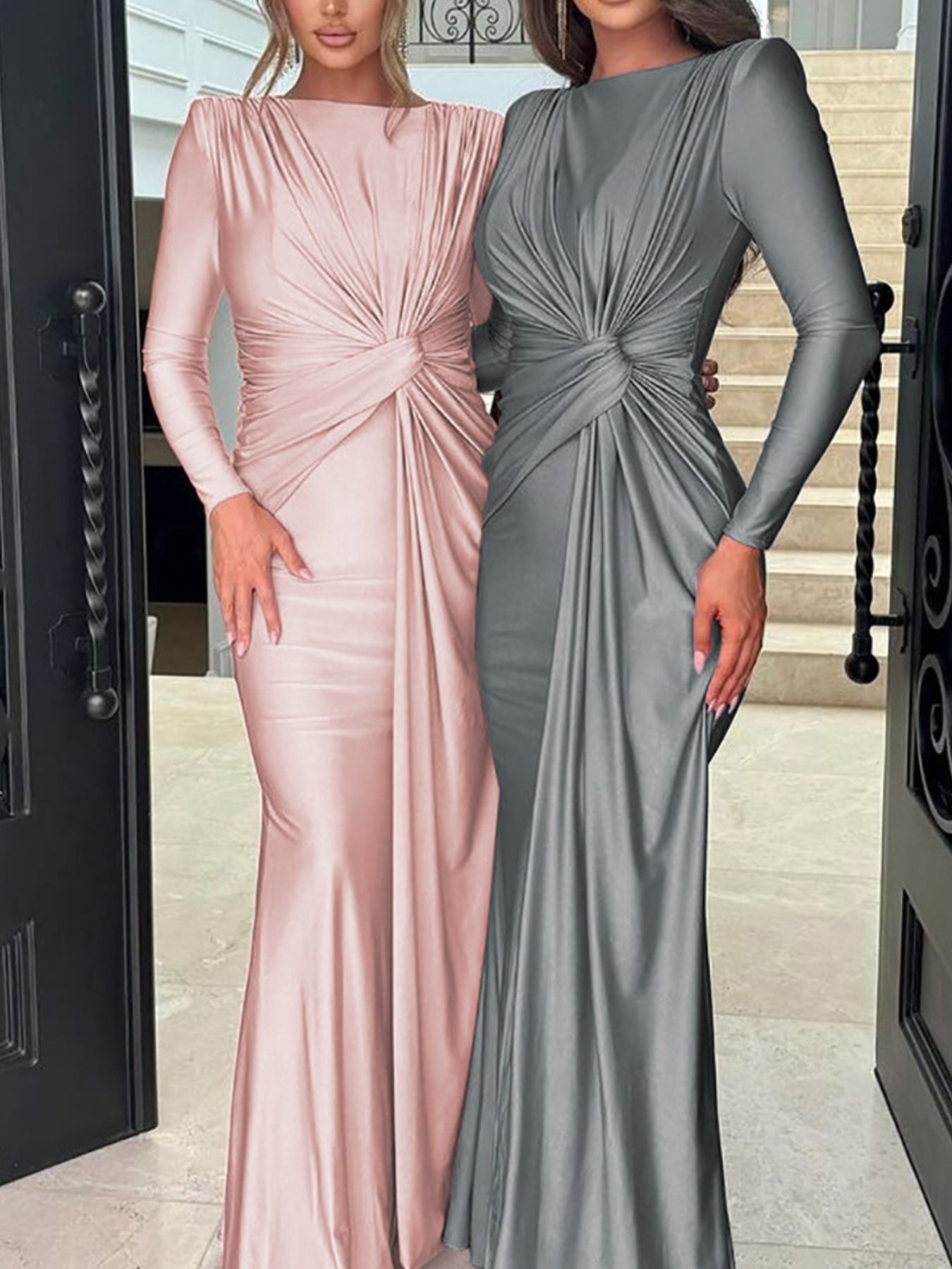 Ruched Knot Front Long Sleeve Maxi Dress - Girly Tea
