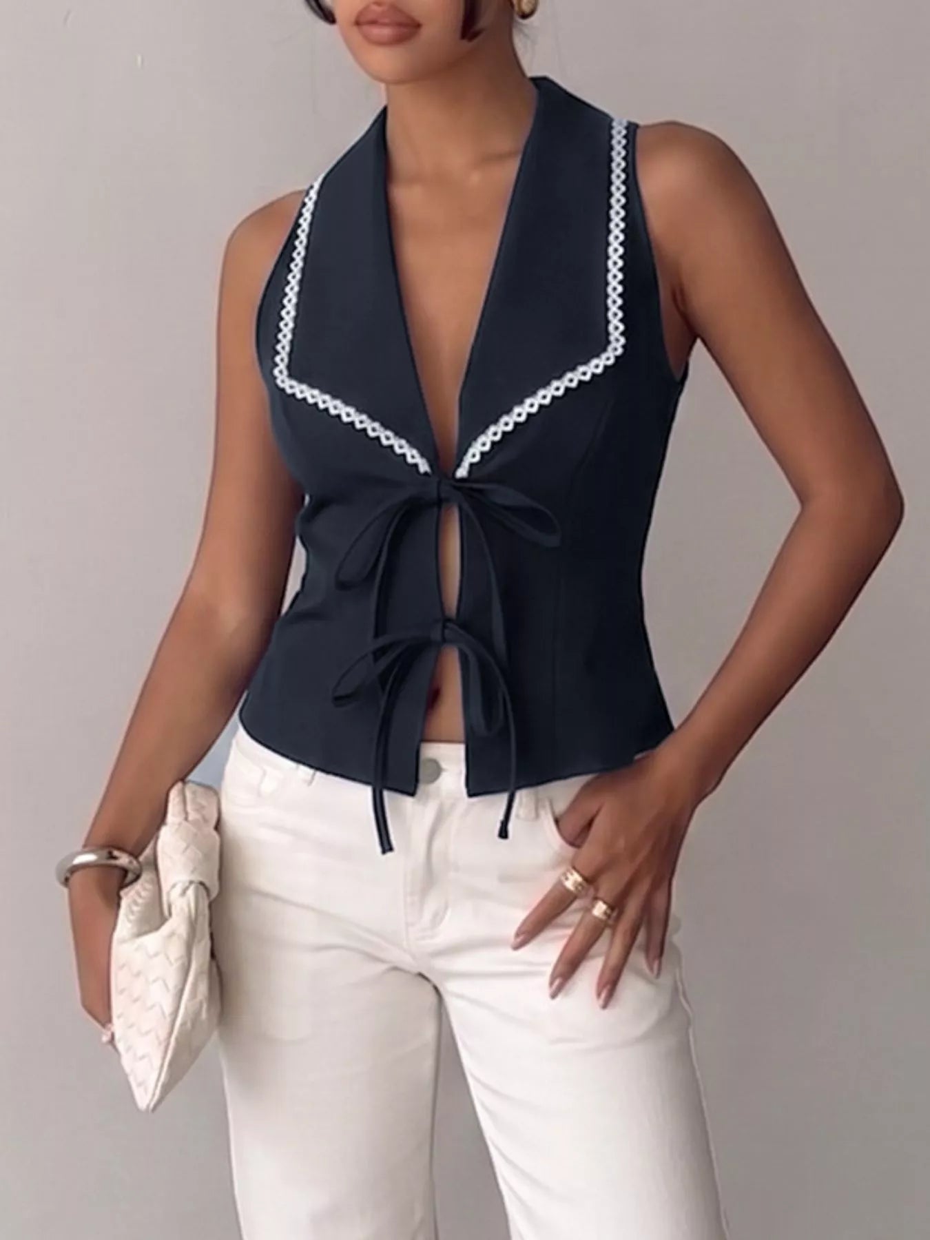 Lace Trim Tie-Front Vest - Girly Tea