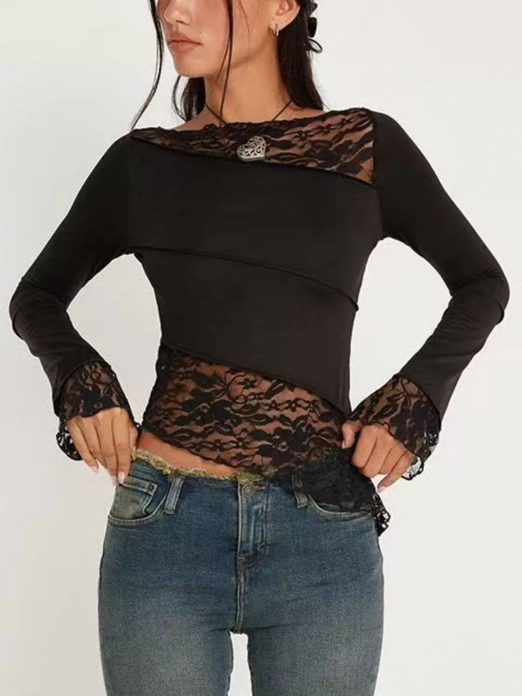 Asymmetrical Lace Trim Long Sleeve T-Shirt - Girly Tea