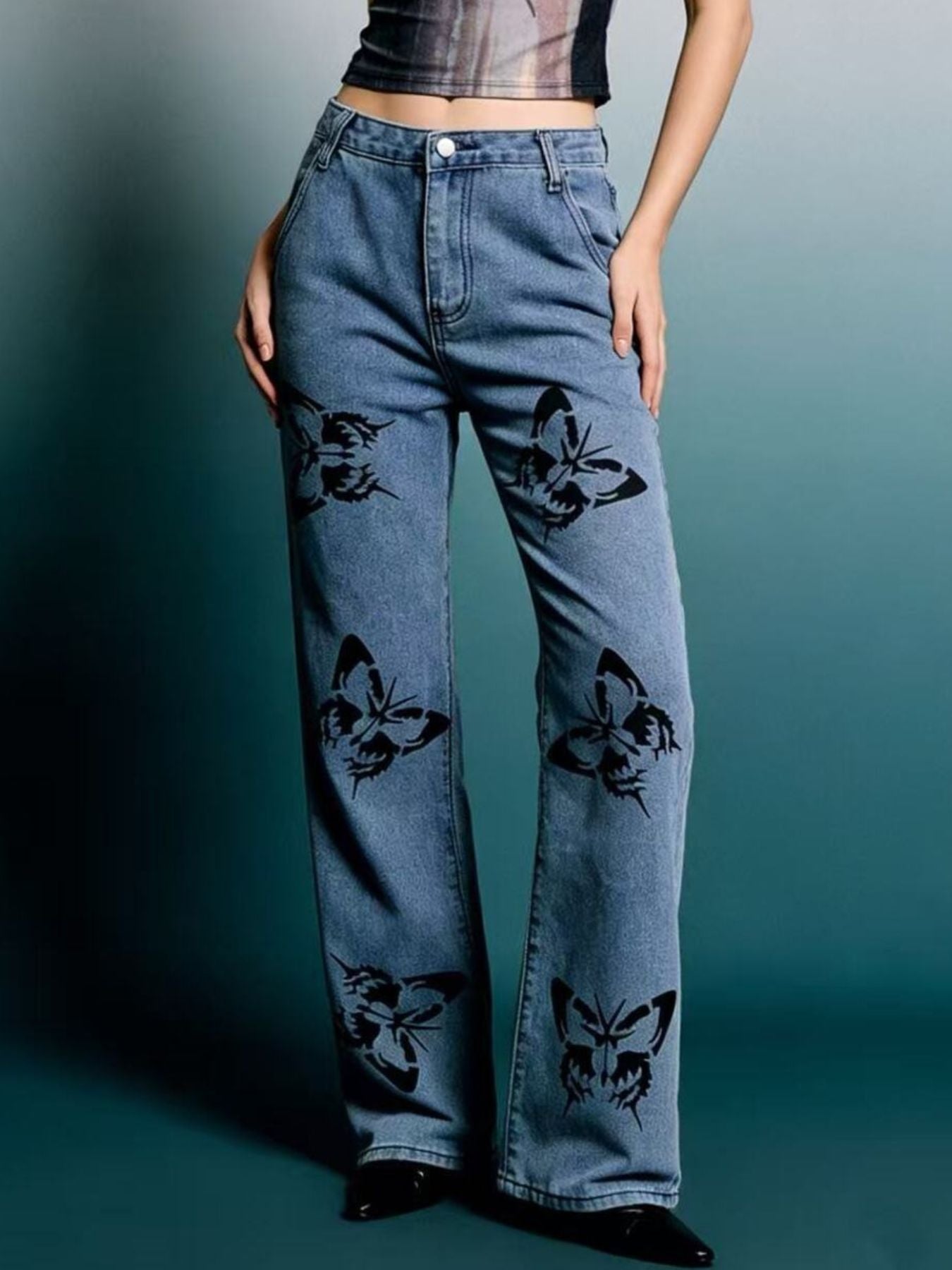 Butterfly Print High-Waisted Wide Leg Jeans - Girly Tea