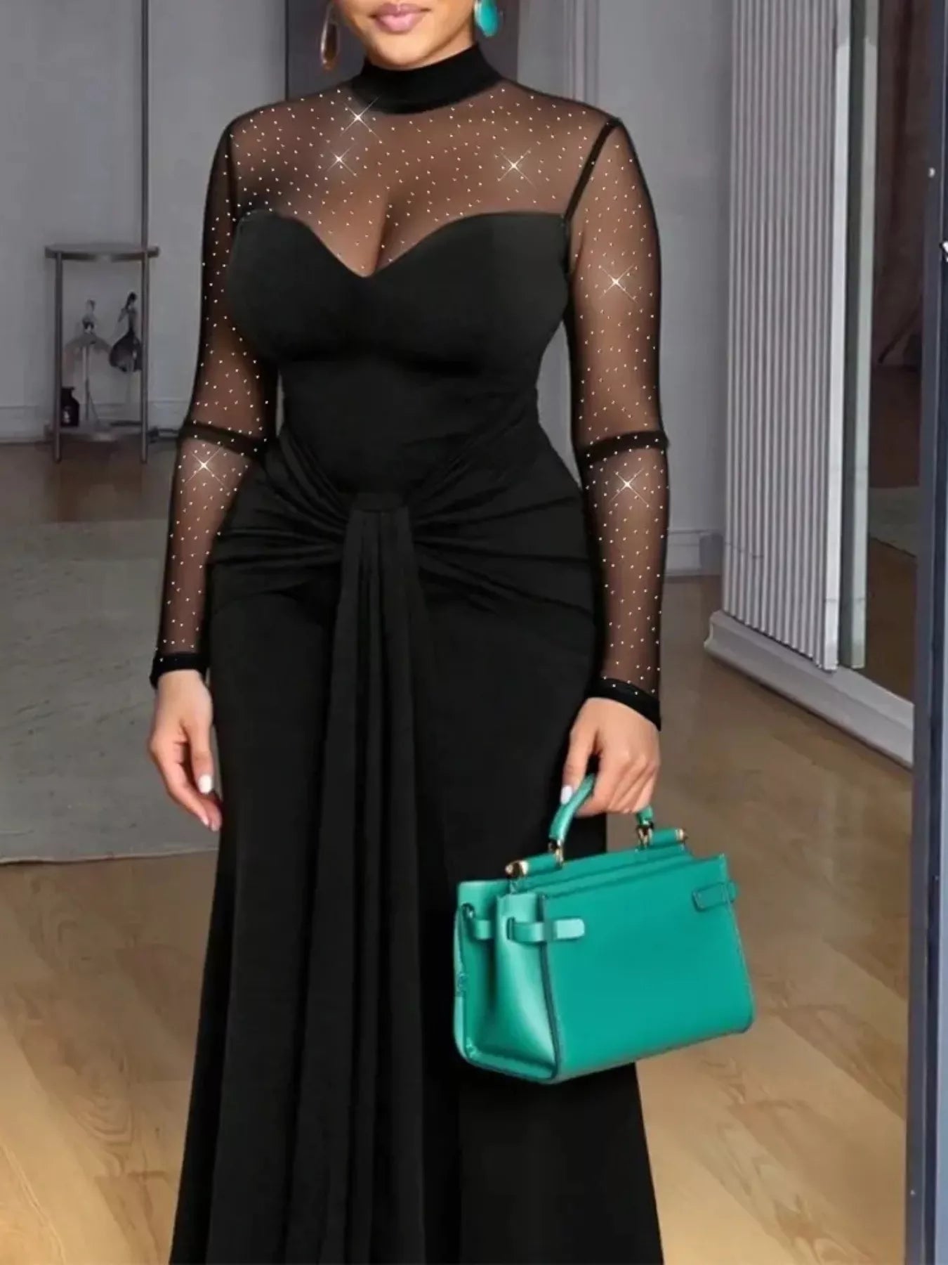 Mesh Mock Neck Long Sleeve Maxi Dress - Girly Tea