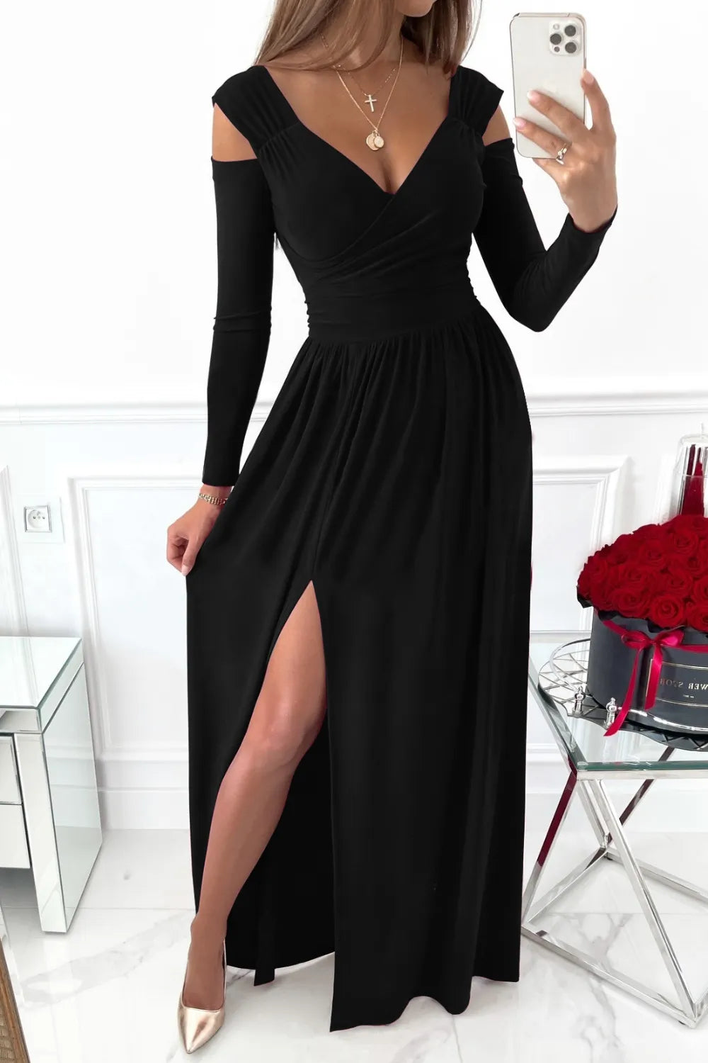 Slit Surplice Long Sleeve Maxi Dress - Girly Tea