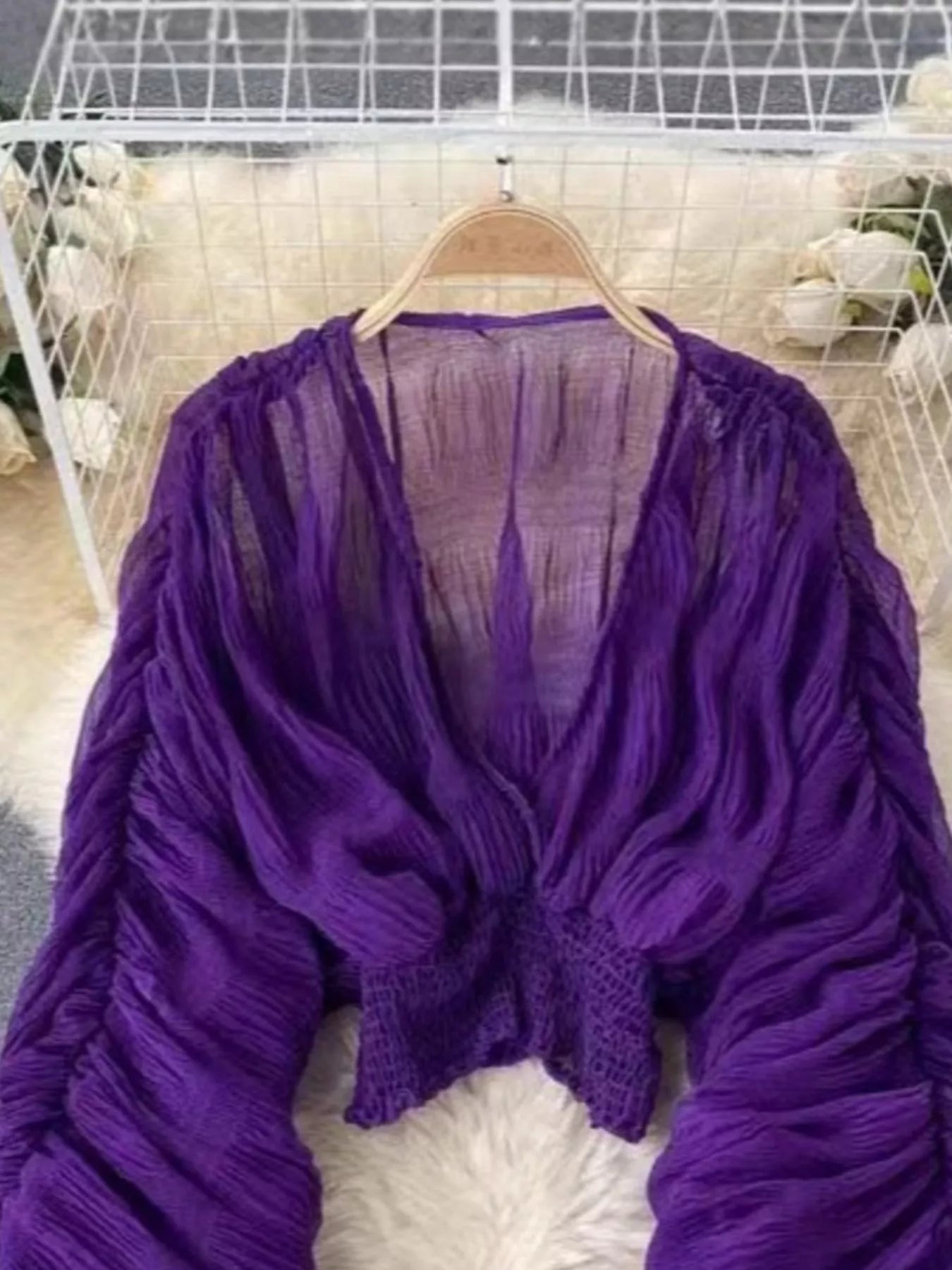Smocked Ruched Long Sleeve Blouse - Girly Tea