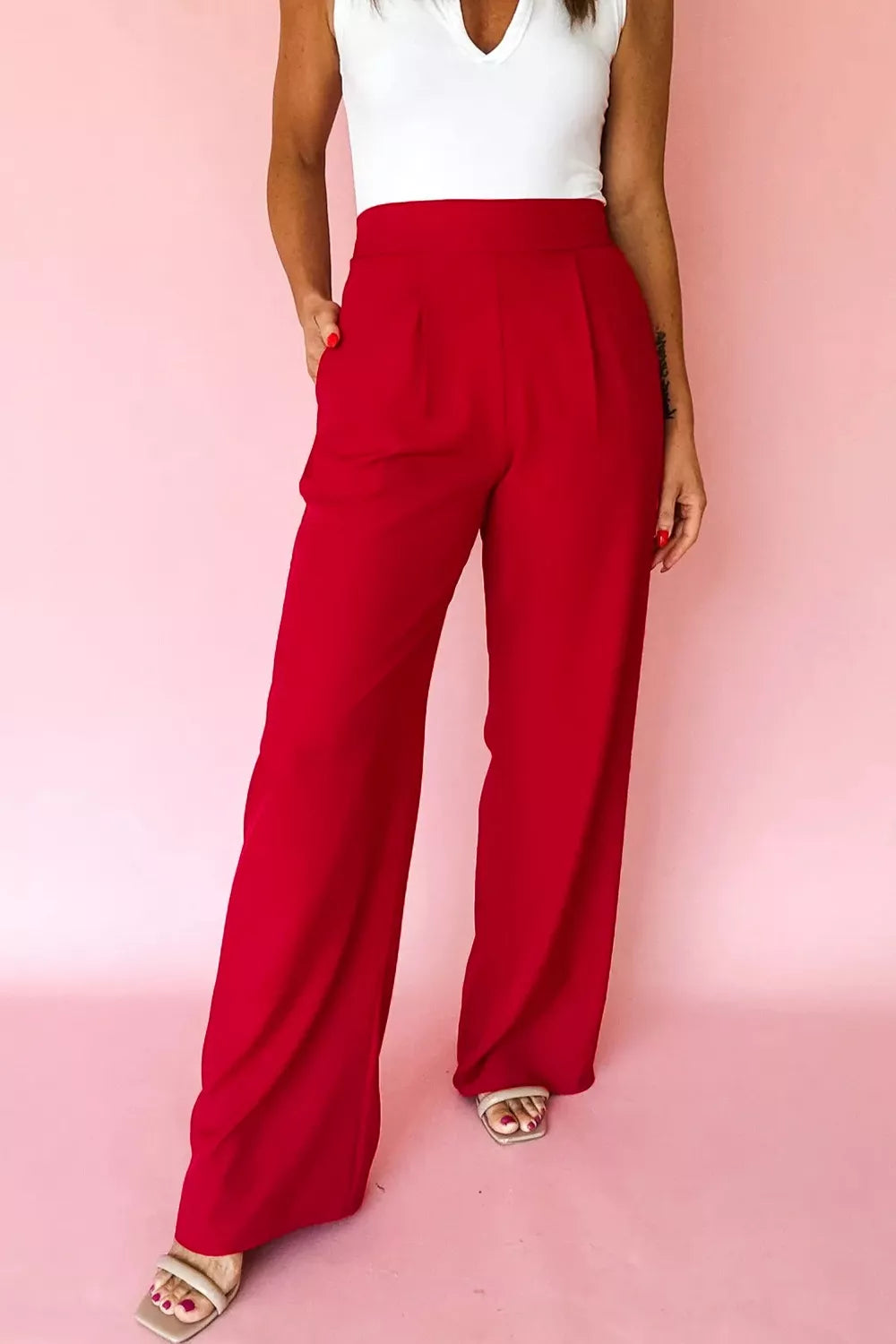 Pleated Detail Pull On High Elastic Waist Loose Straight Pants - Girly Tea