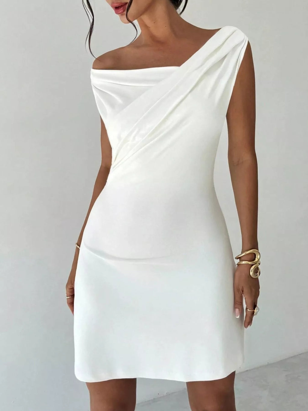 Elegant Off-Shoulder Draped Mini Dress - Girly Tea